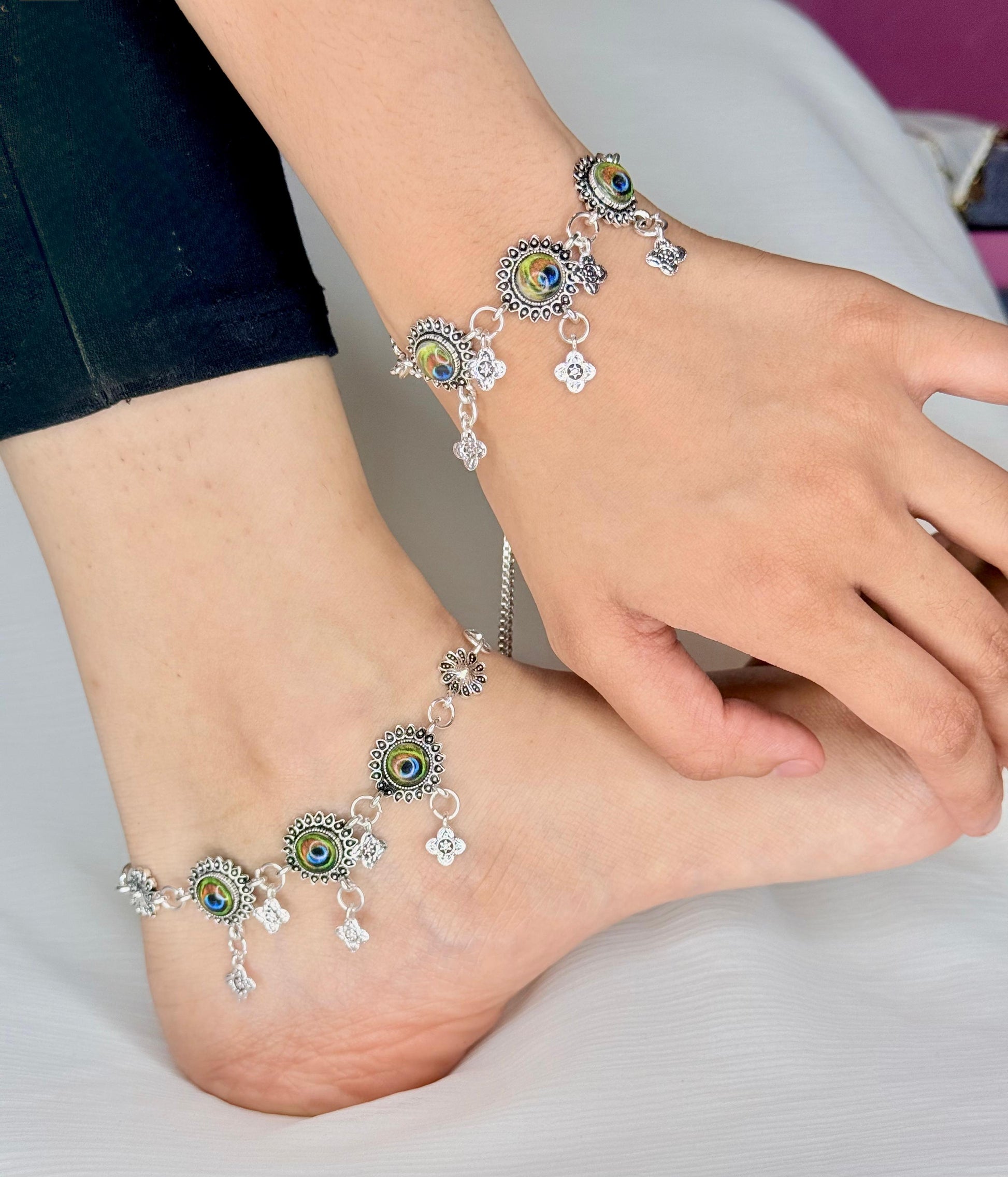 Peacock Design Silver Anklet with Floral Charms (Pair)