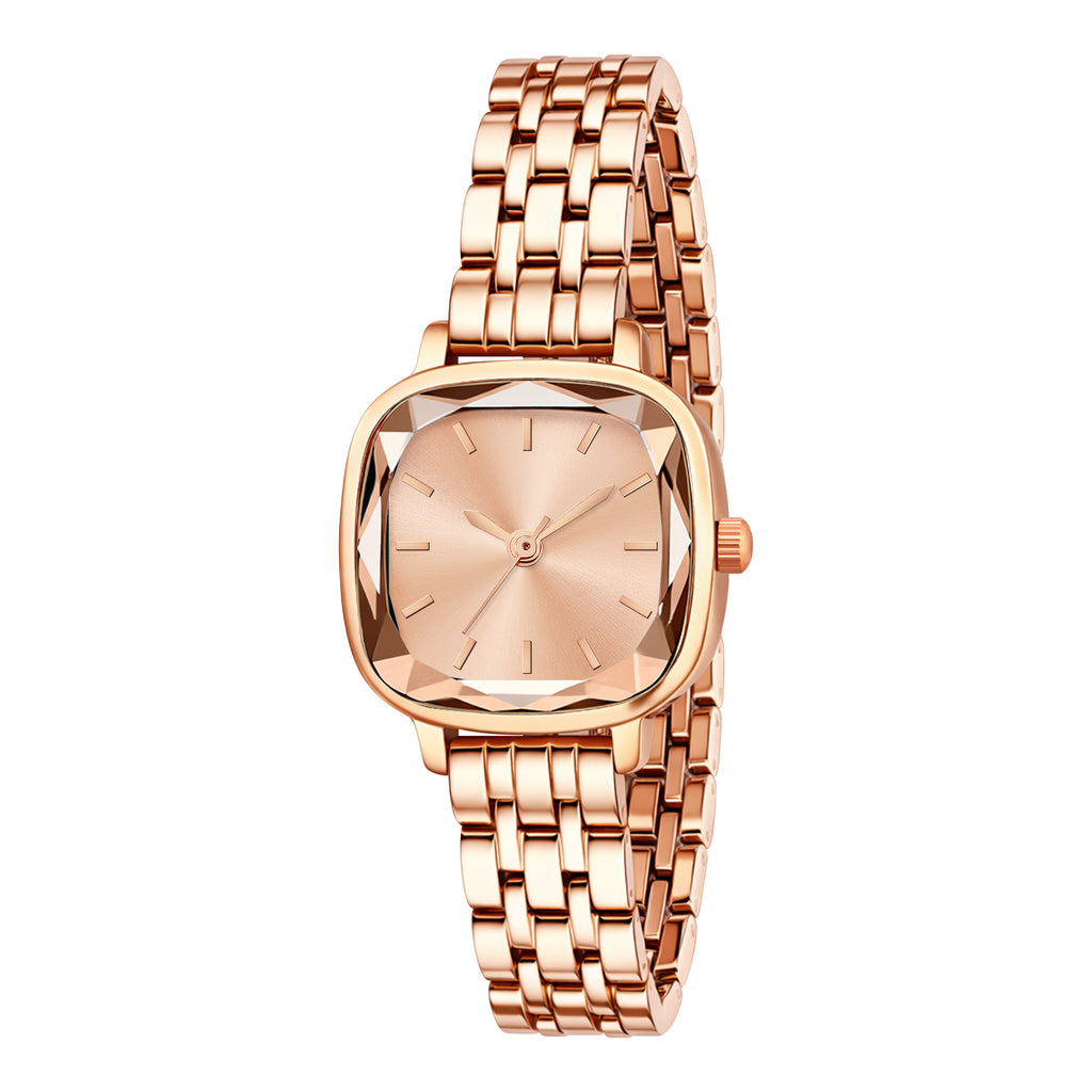 Luxury Rose Gold Square Watch for Women – Premium Diamond-Cut Glass Analog Watch with Champagne Rose Dial