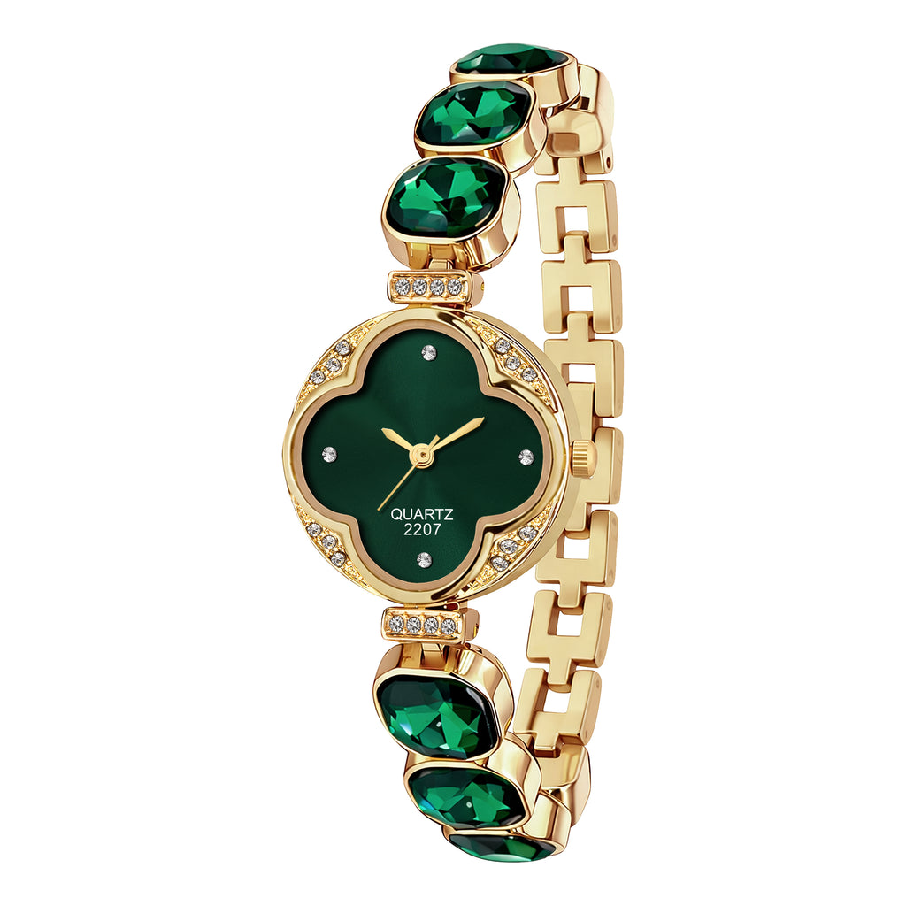 Luxury Four-Leaf Clover Emerald Green Crystal Bracelet Watch – Premium Gold-Plated Floral Analog Watch with Zircon Accents