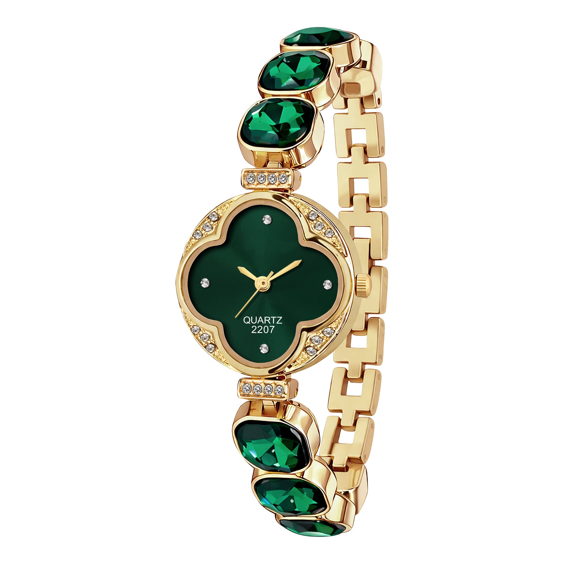 Luxury Four-Leaf Clover Emerald Green Crystal Bracelet Watch – Premium Gold-Plated Floral Analog Watch with Zircon Accents