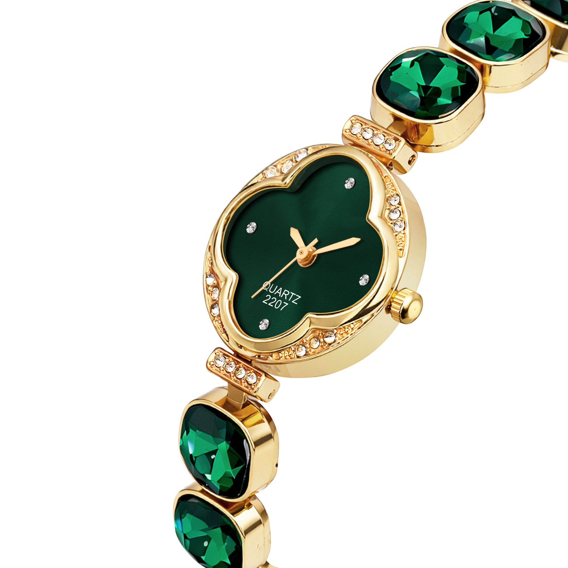 Luxury Four-Leaf Clover Emerald Green Crystal Bracelet Watch – Premium Gold-Plated Floral Analog Watch with Zircon Accents