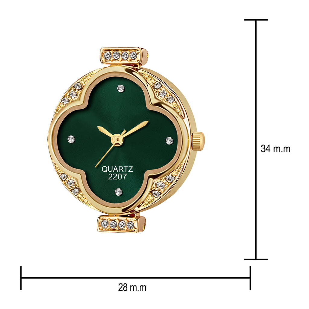 Luxury Four-Leaf Clover Emerald Green Crystal Bracelet Watch – Premium Gold-Plated Floral Analog Watch with Zircon Accents