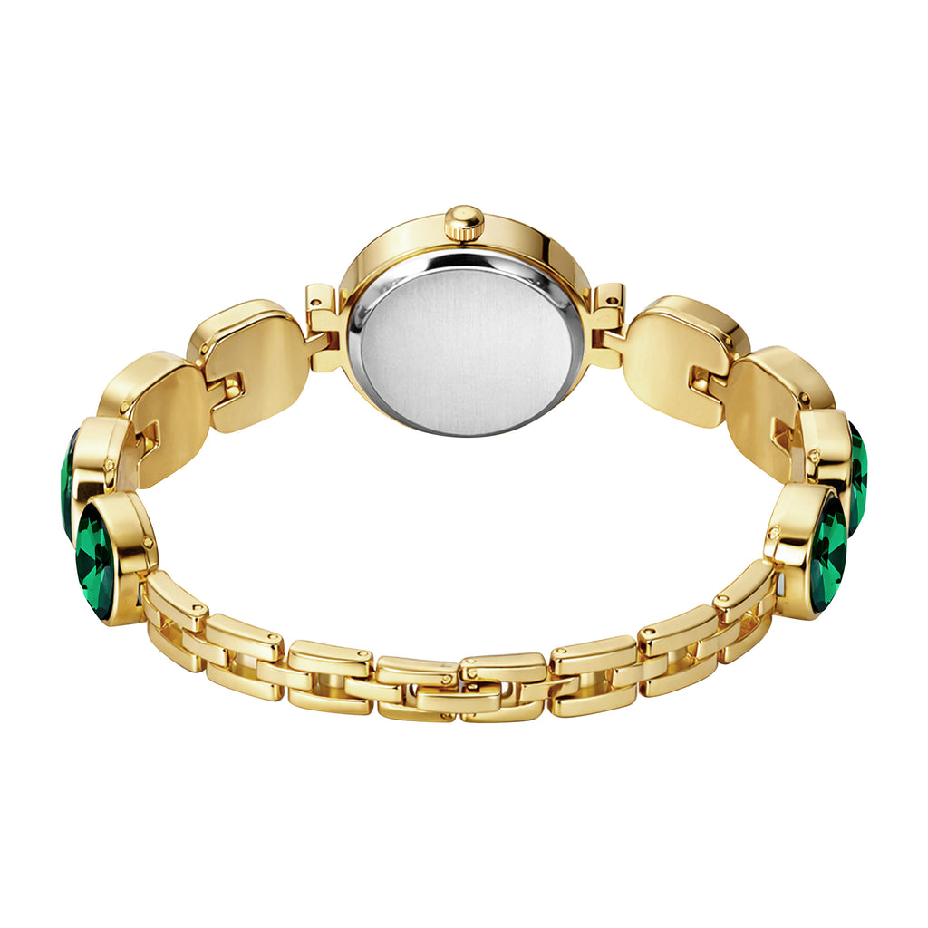 Luxury Four-Leaf Clover Emerald Green Crystal Bracelet Watch – Premium Gold-Plated Floral Analog Watch with Zircon Accents