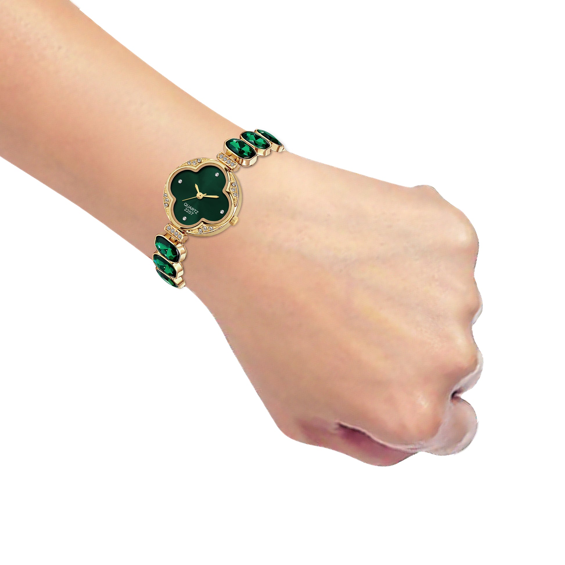 Luxury Four-Leaf Clover Emerald Green Crystal Bracelet Watch – Premium Gold-Plated Floral Analog Watch with Zircon Accents