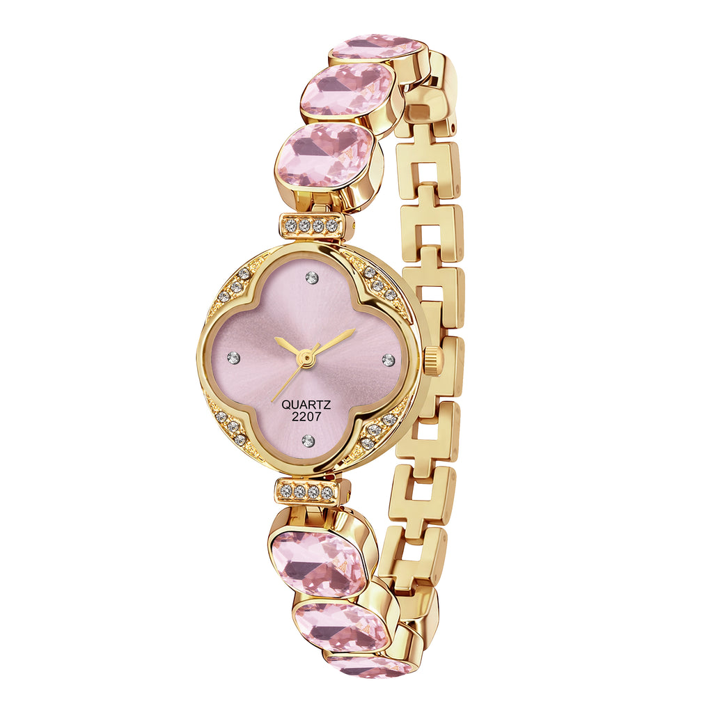 Luxury Four-Leaf Clover Pink Crystal Bracelet Watch – Premium Gold-Plated Floral Analog Watch with Zircon Accents