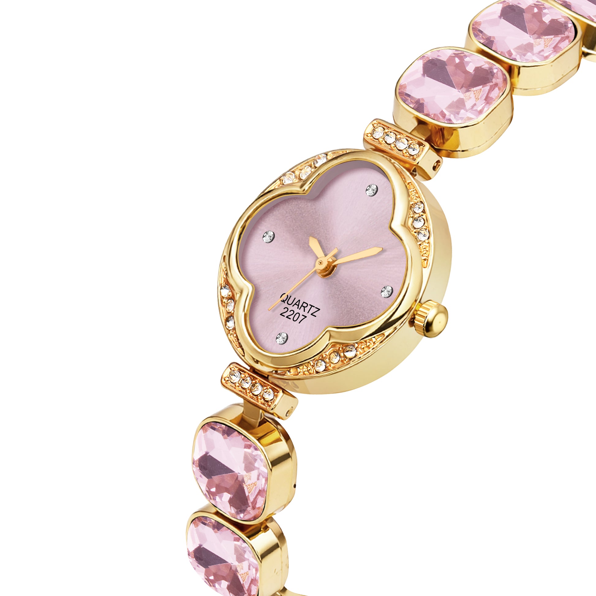 Luxury Four-Leaf Clover Pink Crystal Bracelet Watch – Premium Gold-Plated Floral Analog Watch with Zircon Accents