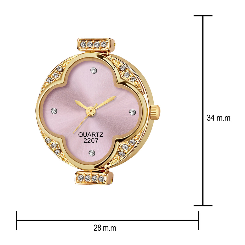 Luxury Four-Leaf Clover Pink Crystal Bracelet Watch – Premium Gold-Plated Floral Analog Watch with Zircon Accents