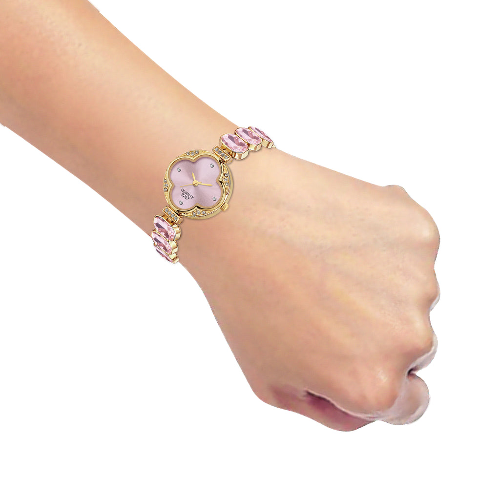 Luxury Four-Leaf Clover Pink Crystal Bracelet Watch – Premium Gold-Plated Floral Analog Watch with Zircon Accents