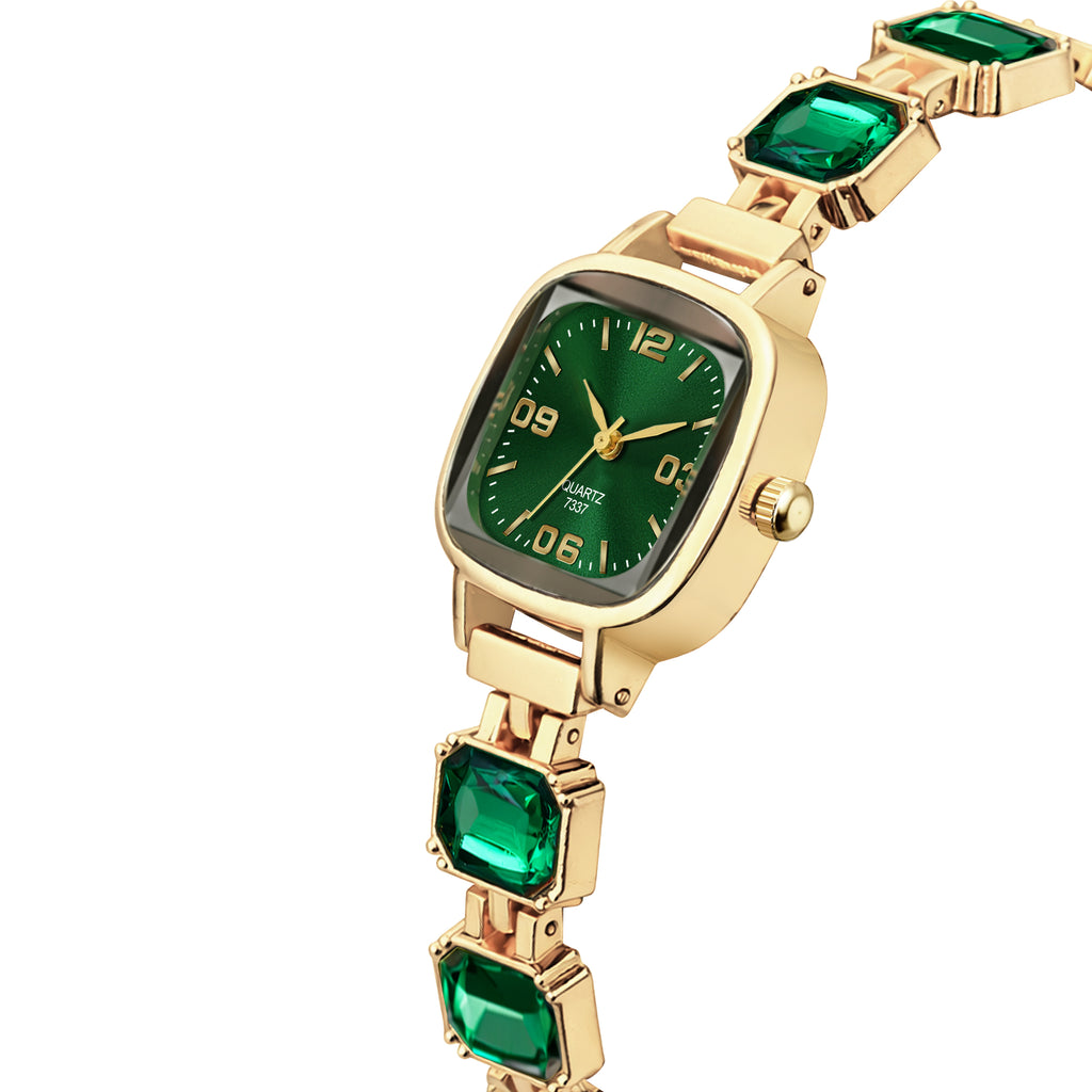 Luxury Emerald Green Crystal Bracelet Watch for Women – Vintage Gold-Plated Square Dial Analog Watch