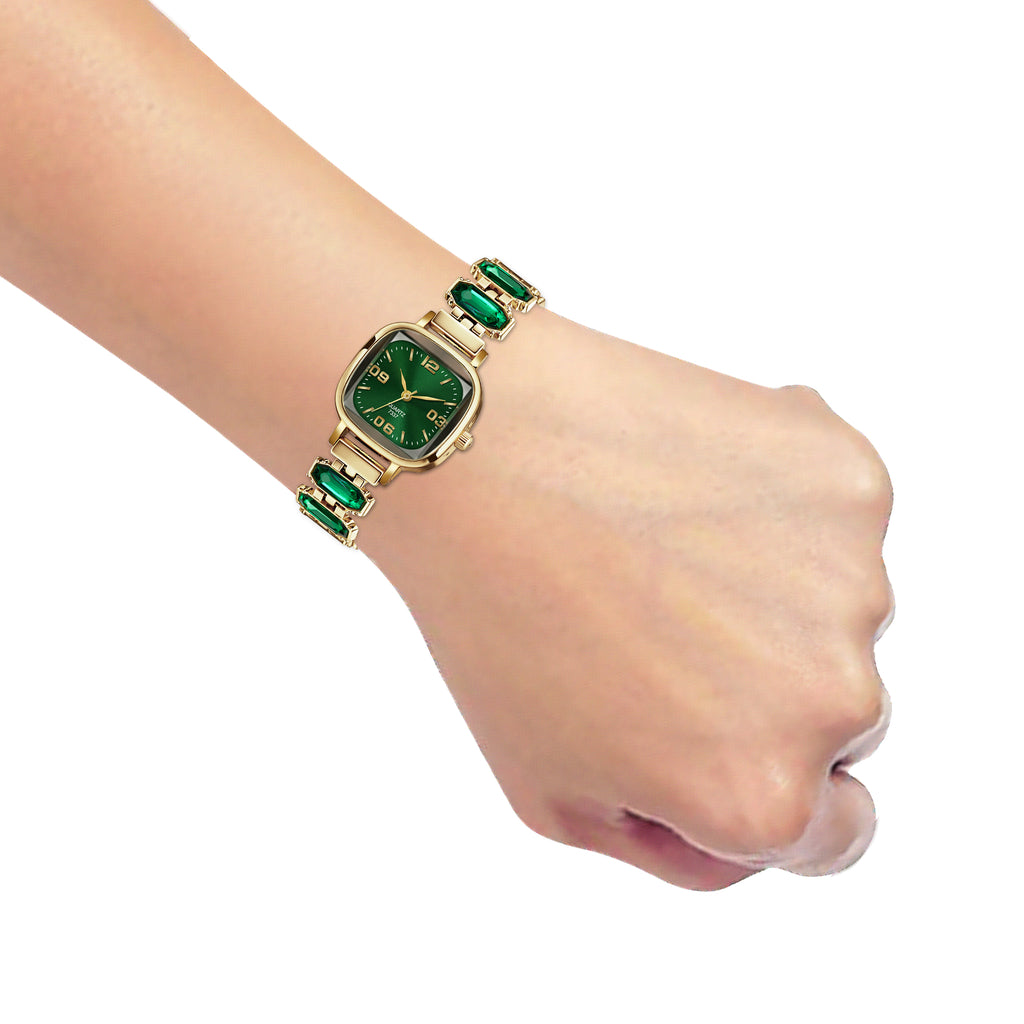 Luxury Emerald Green Crystal Bracelet Watch for Women – Vintage Gold-Plated Square Dial Analog Watch