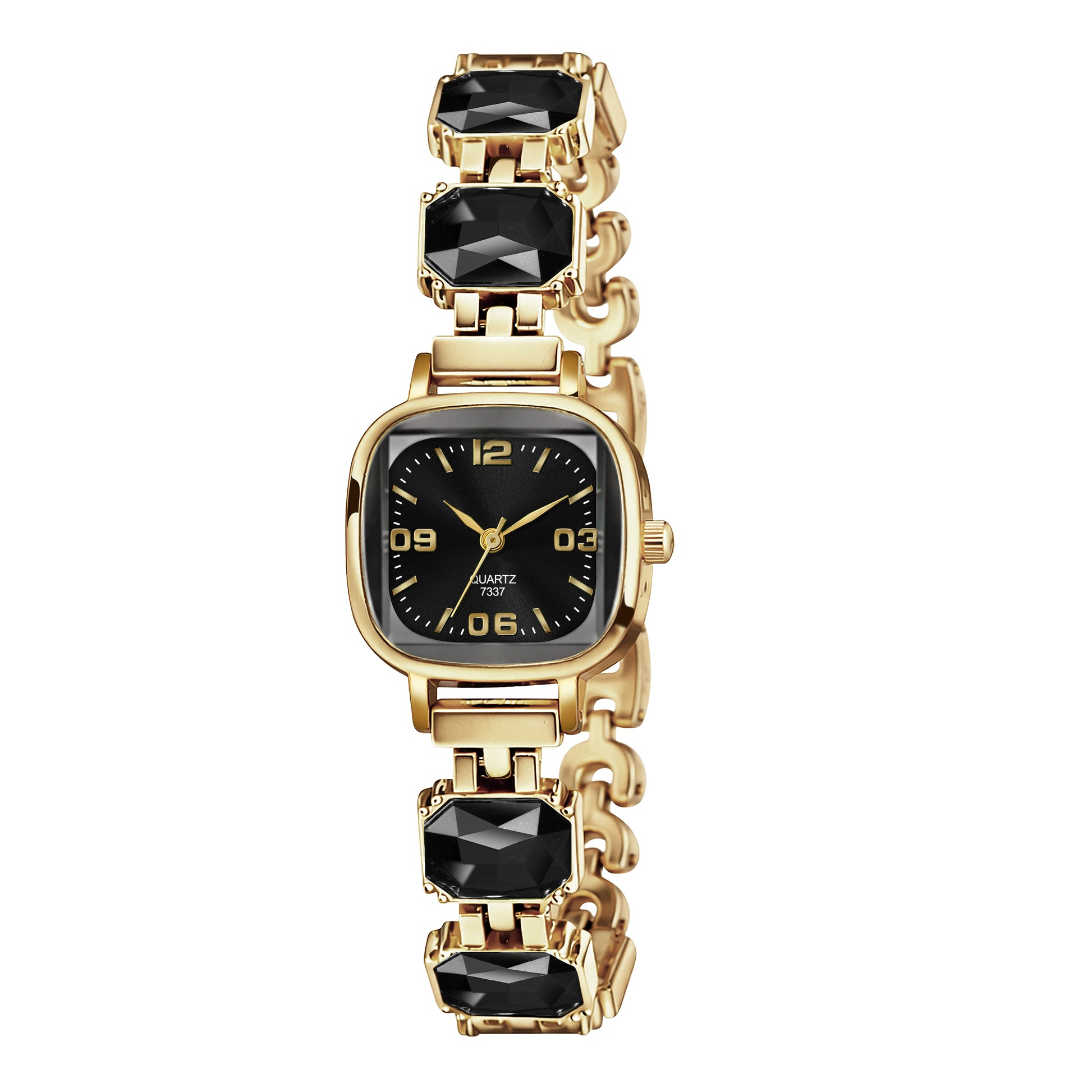 Luxury Jet Black Crystal Bracelet Watch for Women – Vintage Gold-Plated Square Dial Analog Watch