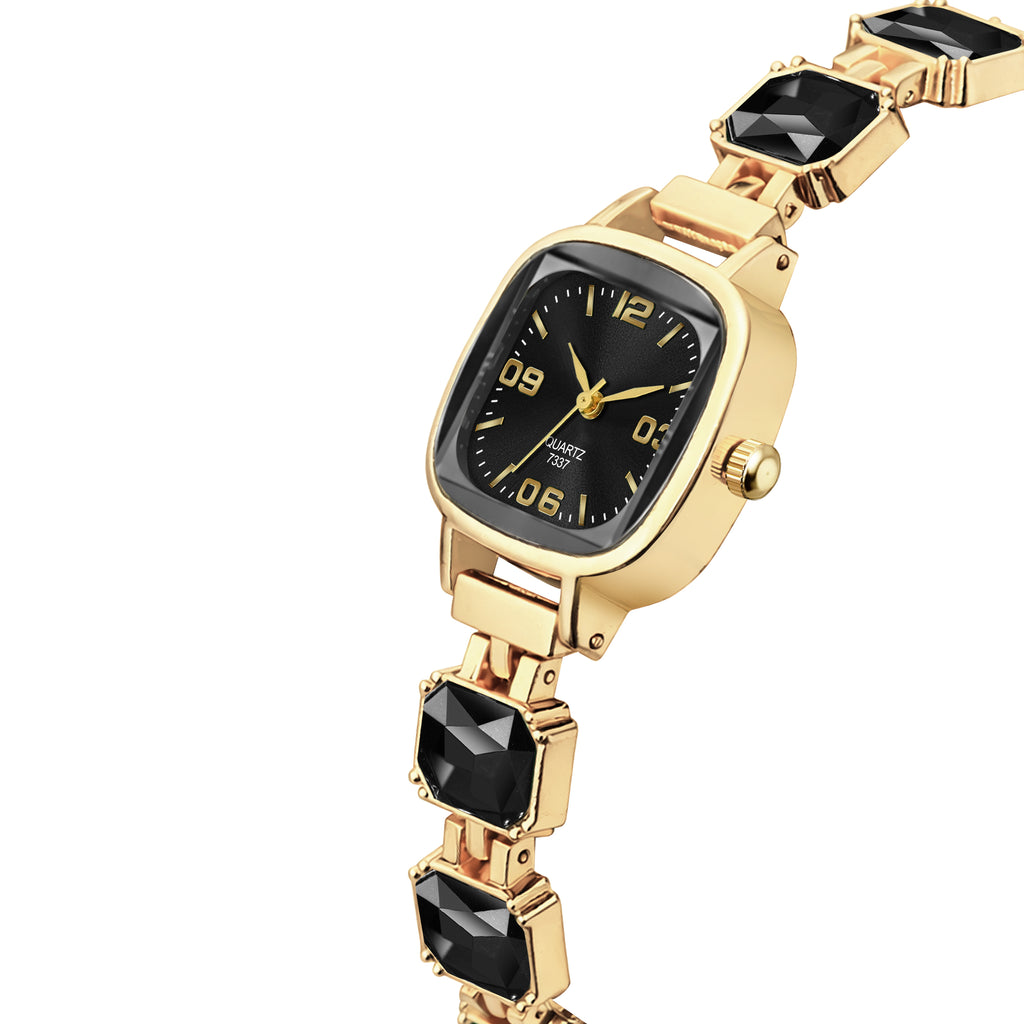 Luxury Jet Black Crystal Bracelet Watch for Women – Vintage Gold-Plated Square Dial Analog Watch