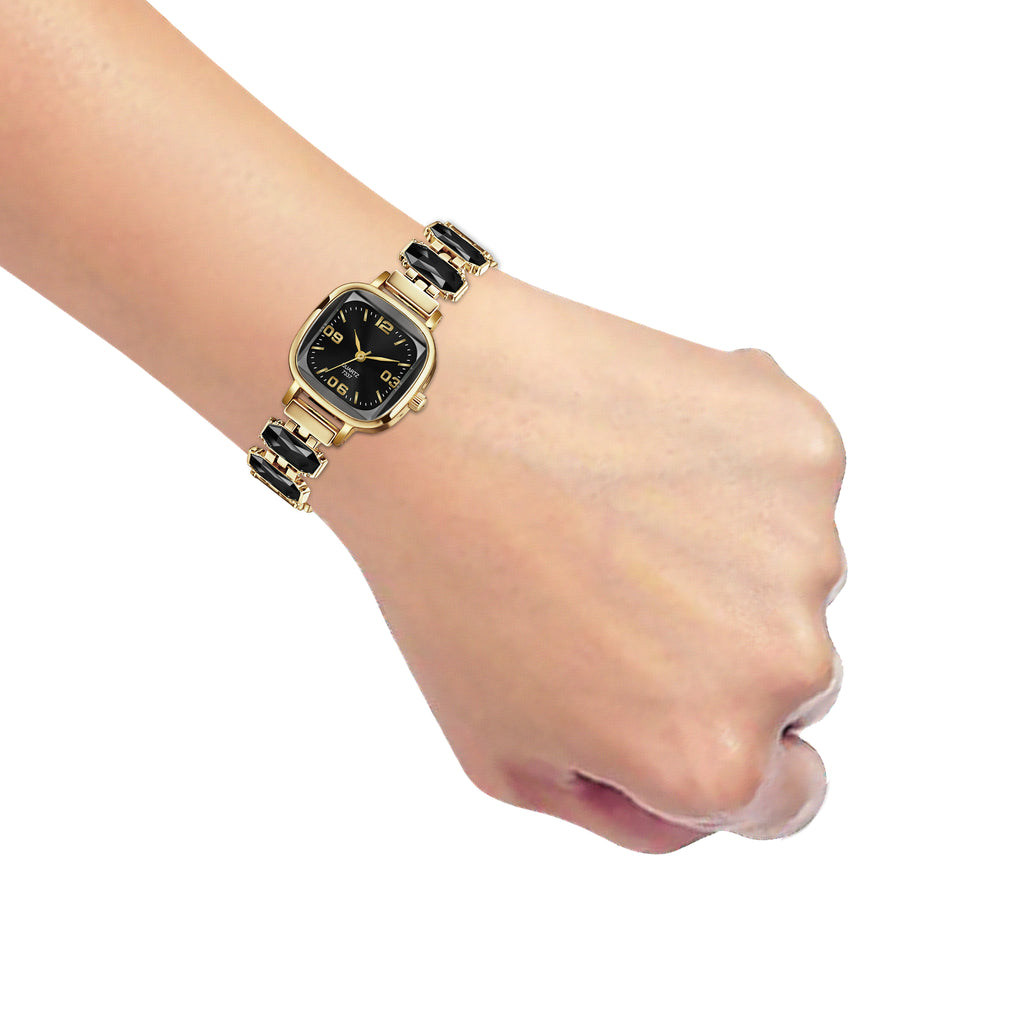 Luxury Jet Black Crystal Bracelet Watch for Women – Vintage Gold-Plated Square Dial Analog Watch