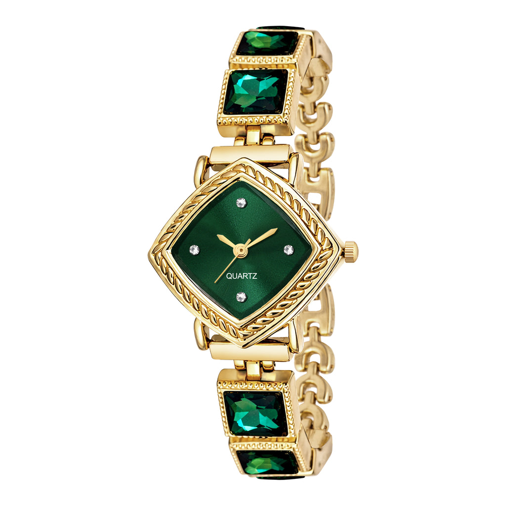 Luxury Rhomboid Emerald Green Crystal Bracelet Watch – Vintage Gold-Plated Diamond-Shaped Analog Watch with Rope Border Bezel