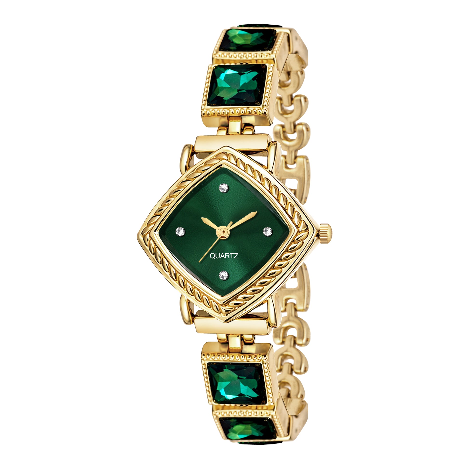 Luxury Rhomboid Emerald Green Crystal Bracelet Watch – Vintage Gold-Plated Diamond-Shaped Analog Watch with Rope Border Bezel