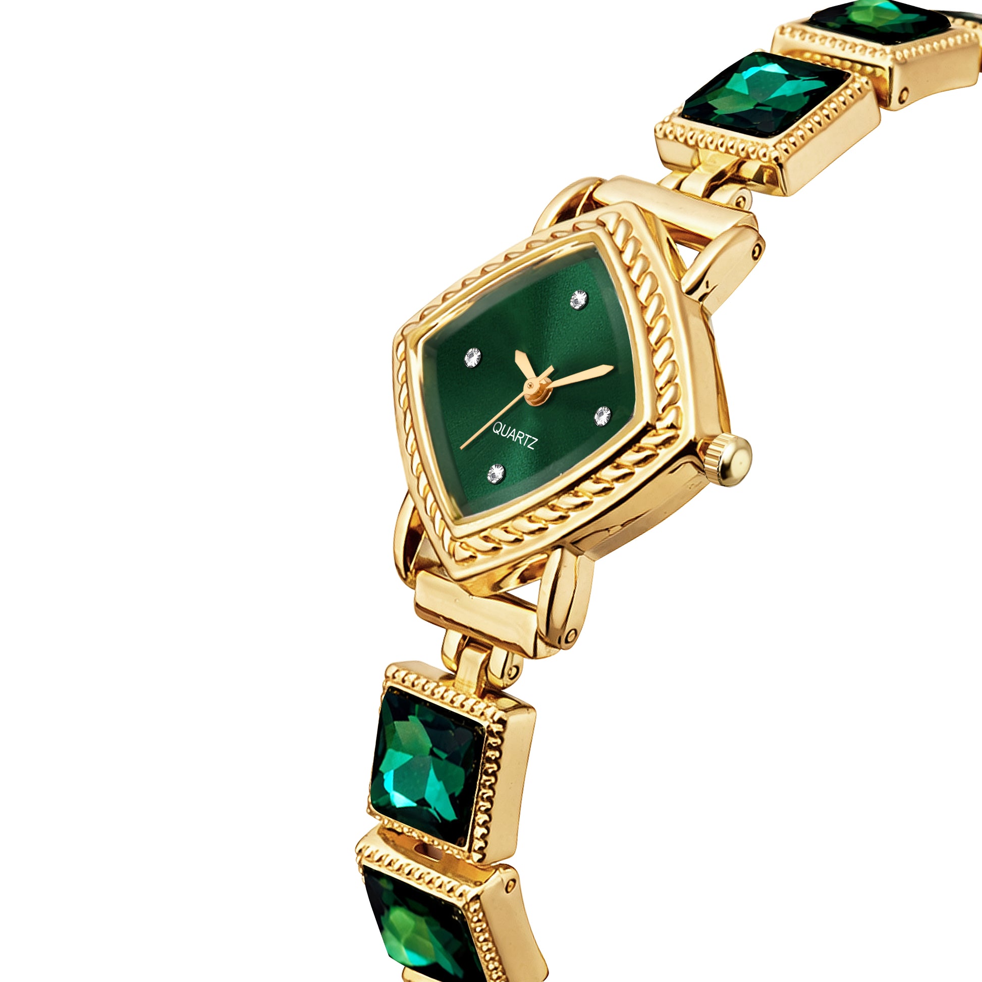 Luxury Rhomboid Emerald Green Crystal Bracelet Watch – Vintage Gold-Plated Diamond-Shaped Analog Watch with Rope Border Bezel