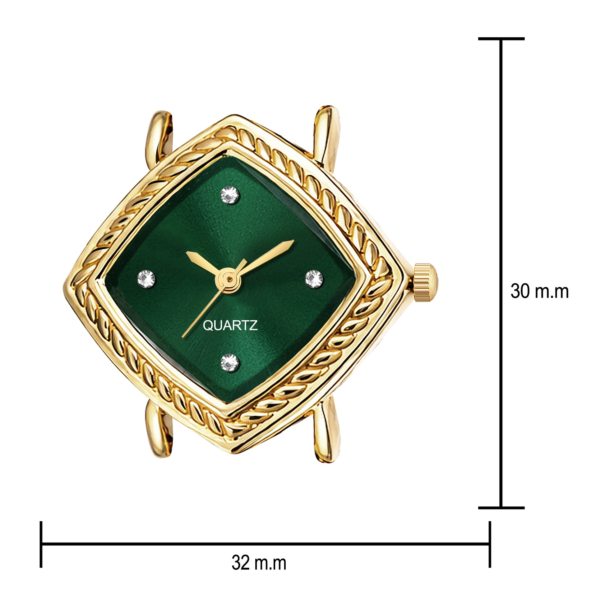 Luxury Rhomboid Emerald Green Crystal Bracelet Watch – Vintage Gold-Plated Diamond-Shaped Analog Watch with Rope Border Bezel