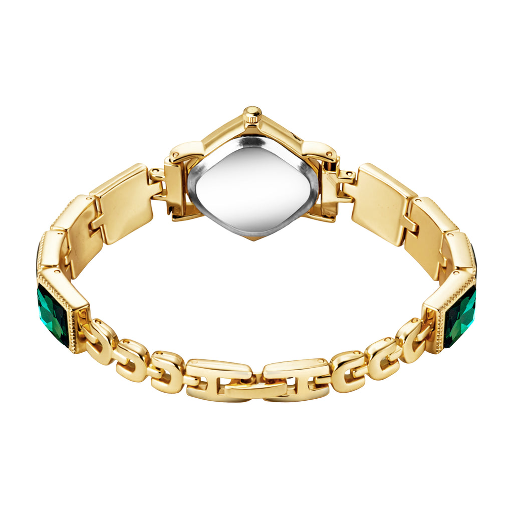 Luxury Rhomboid Emerald Green Crystal Bracelet Watch – Vintage Gold-Plated Diamond-Shaped Analog Watch with Rope Border Bezel