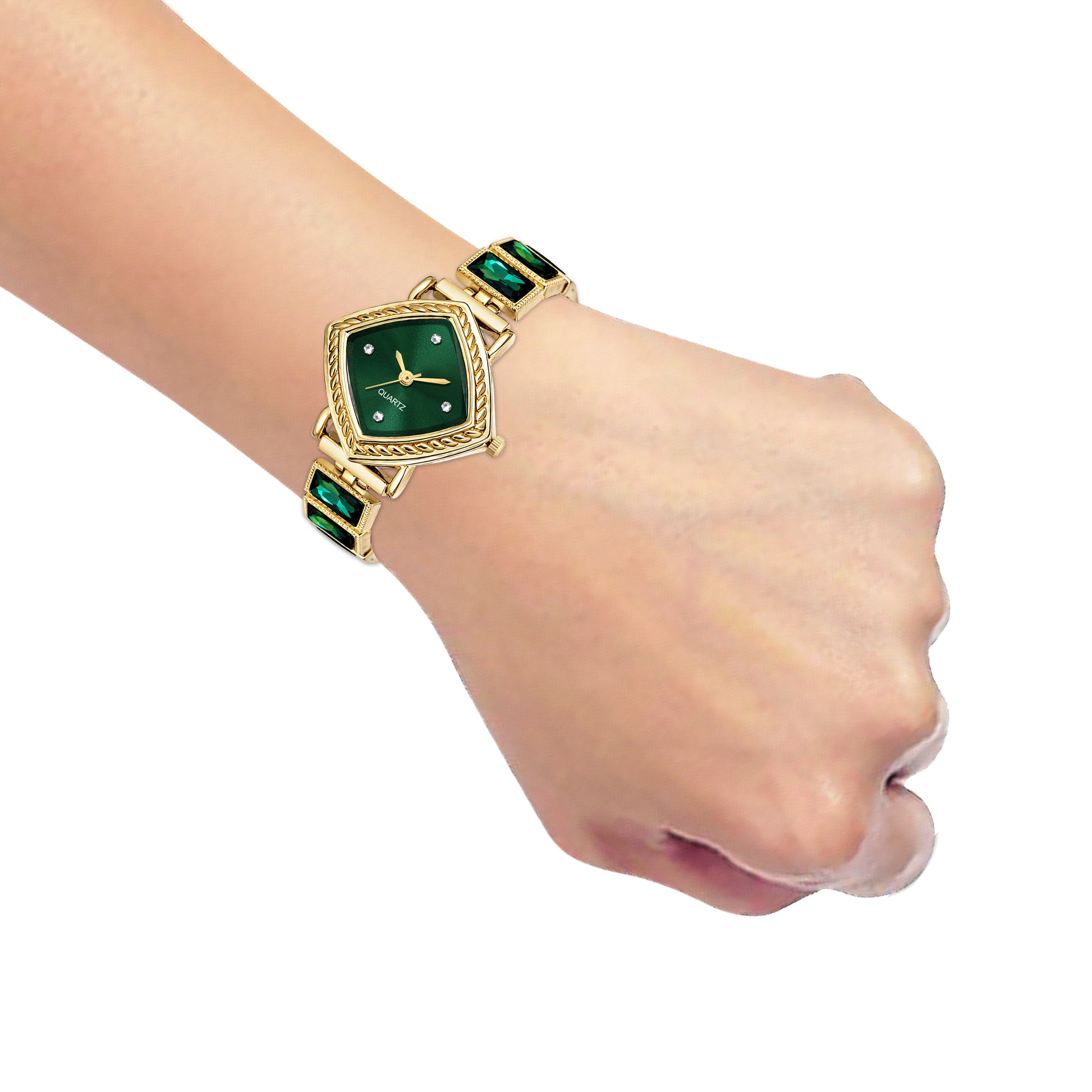 Luxury Rhomboid Emerald Green Crystal Bracelet Watch – Vintage Gold-Plated Diamond-Shaped Analog Watch with Rope Border Bezel