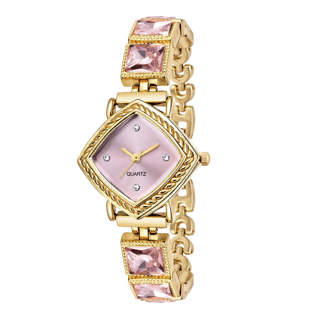 Luxury Rhomboid Pastel Pink Crystal Bracelet Watch – Vintage Gold-Plated Diamond-Shaped Analog Watch with Rope Border Bezel