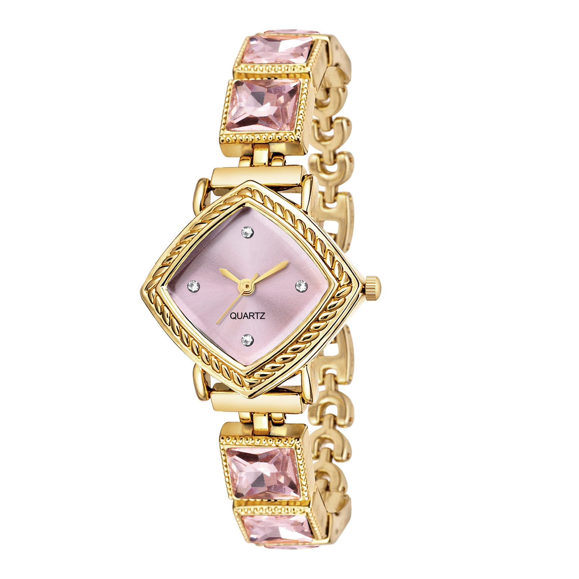 Luxury Rhomboid Pastel Pink Crystal Bracelet Watch – Vintage Gold-Plated Diamond-Shaped Analog Watch with Rope Border Bezel
