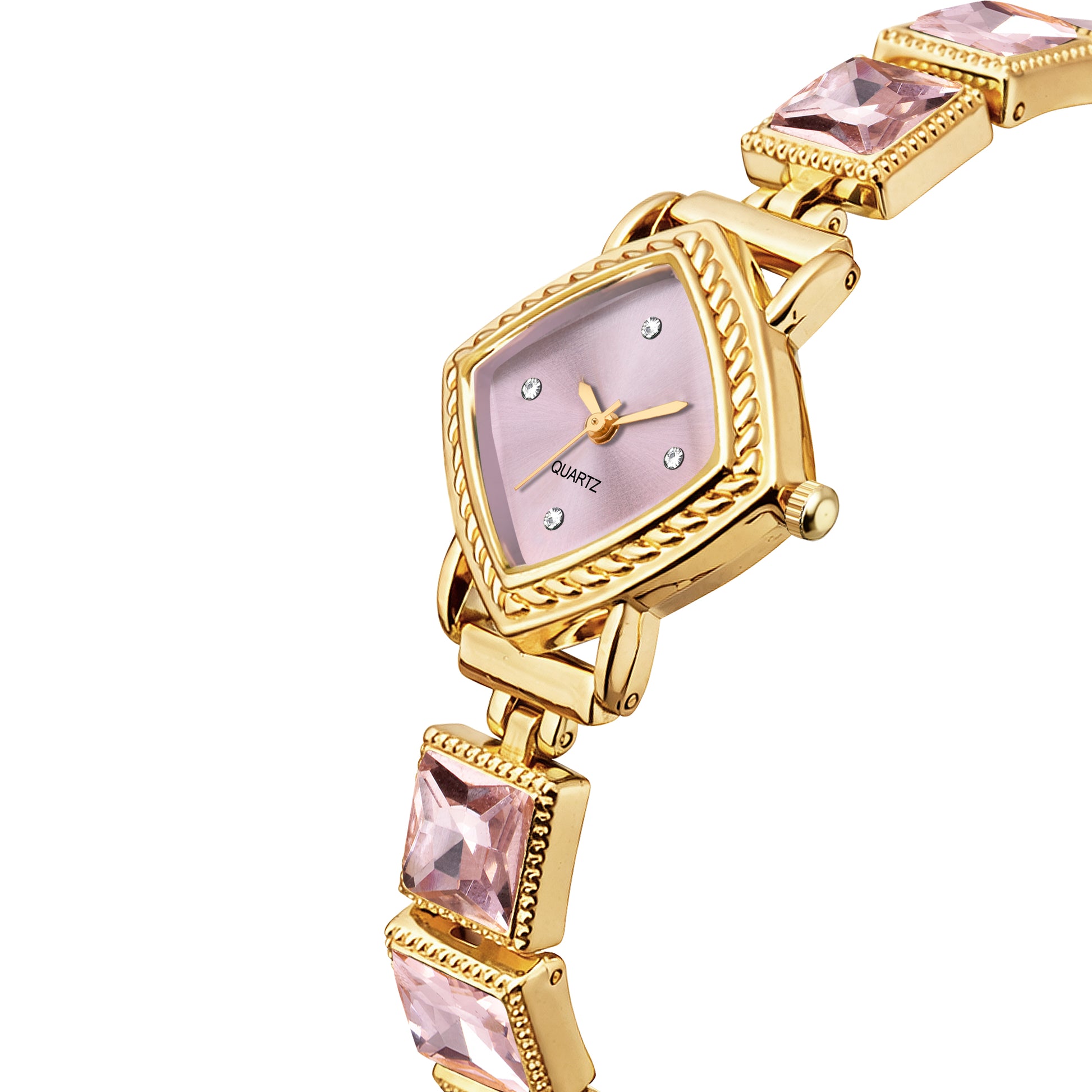 Luxury Rhomboid Pastel Pink Crystal Bracelet Watch – Vintage Gold-Plated Diamond-Shaped Analog Watch with Rope Border Bezel