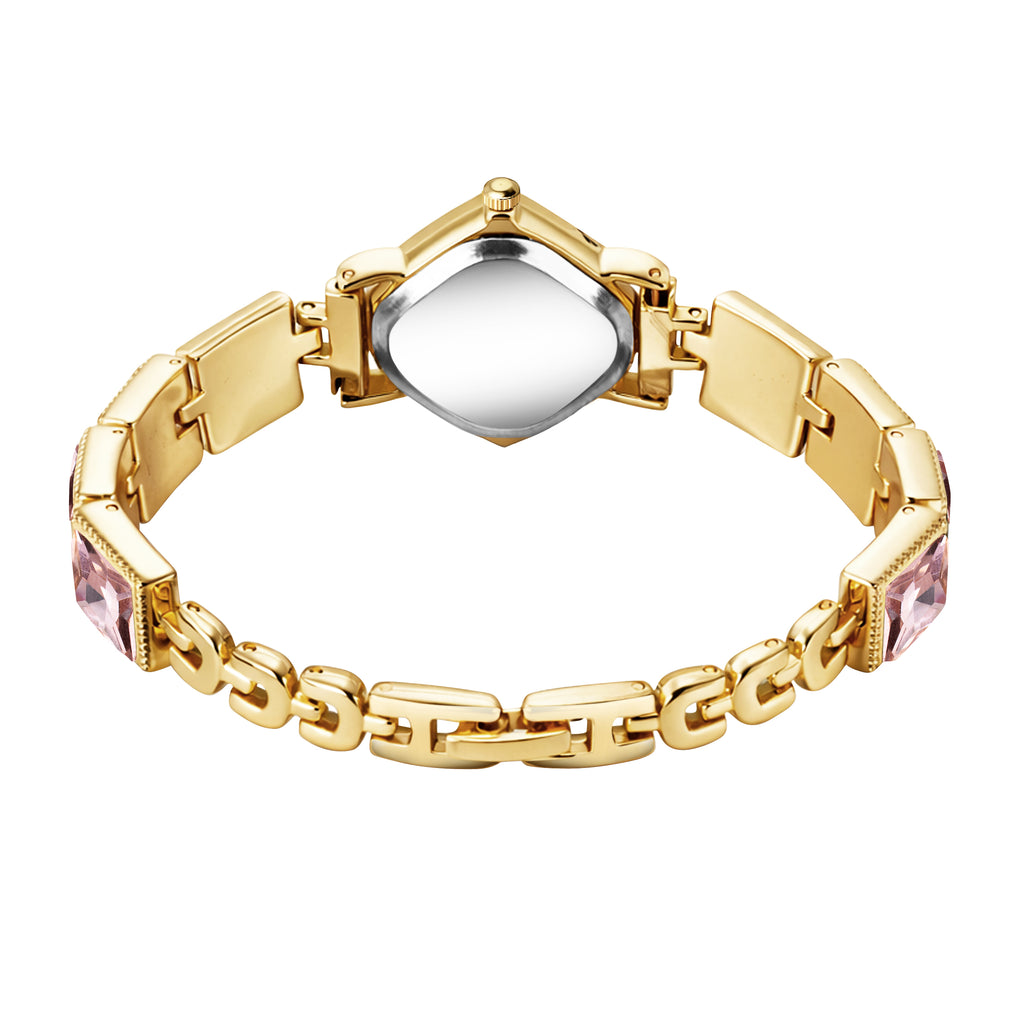 Luxury Rhomboid Pastel Pink Crystal Bracelet Watch – Vintage Gold-Plated Diamond-Shaped Analog Watch with Rope Border Bezel