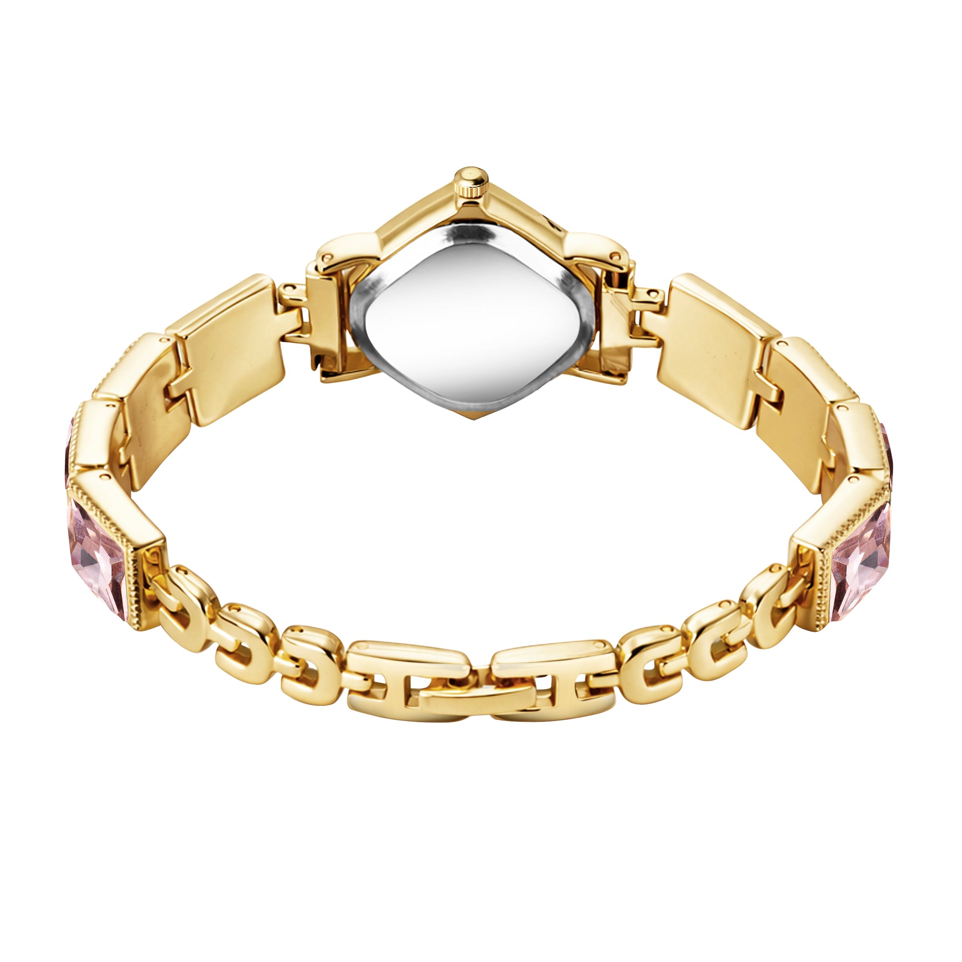Luxury Rhomboid Pastel Pink Crystal Bracelet Watch – Vintage Gold-Plated Diamond-Shaped Analog Watch with Rope Border Bezel