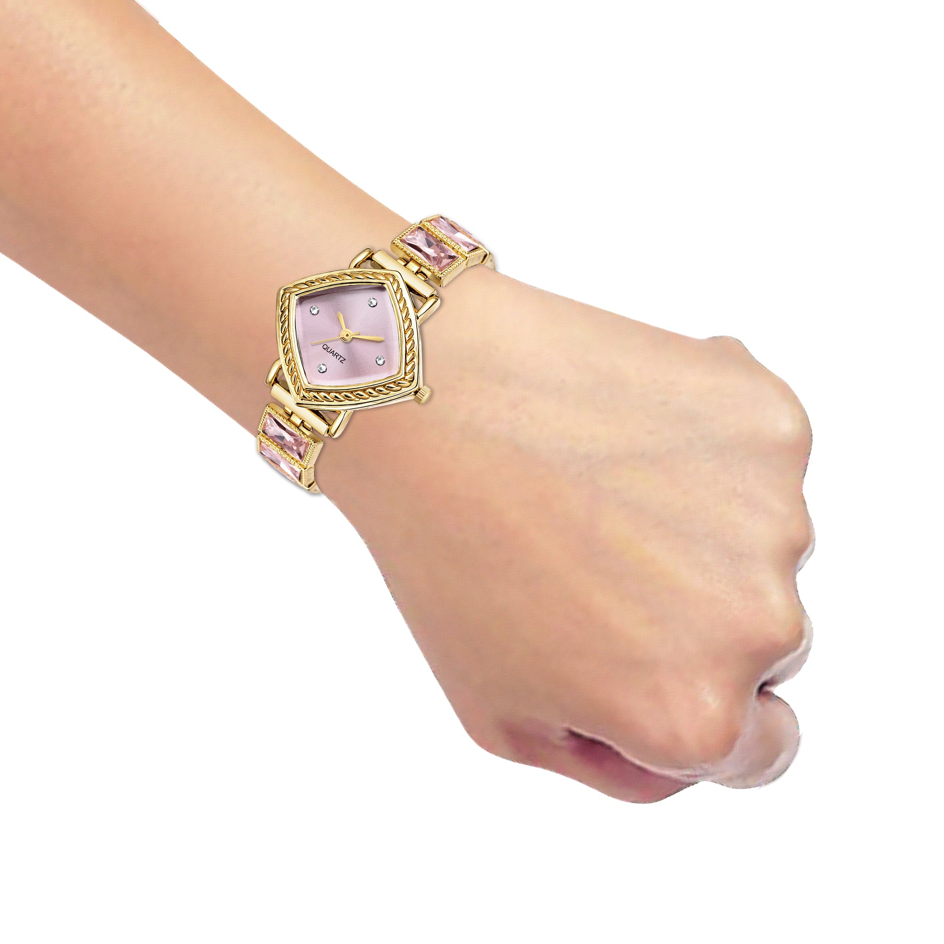 Luxury Rhomboid Pastel Pink Crystal Bracelet Watch – Vintage Gold-Plated Diamond-Shaped Analog Watch with Rope Border Bezel