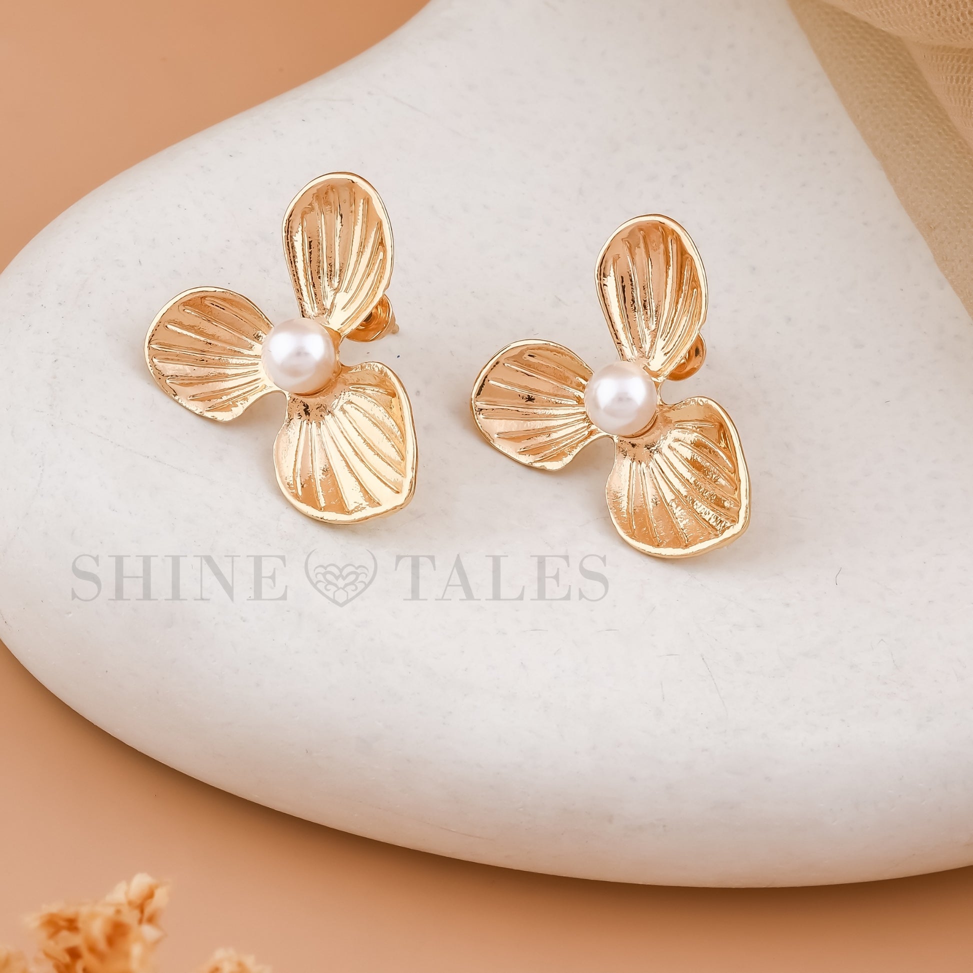 Three Petal Gold Flower Earrings with Pearl