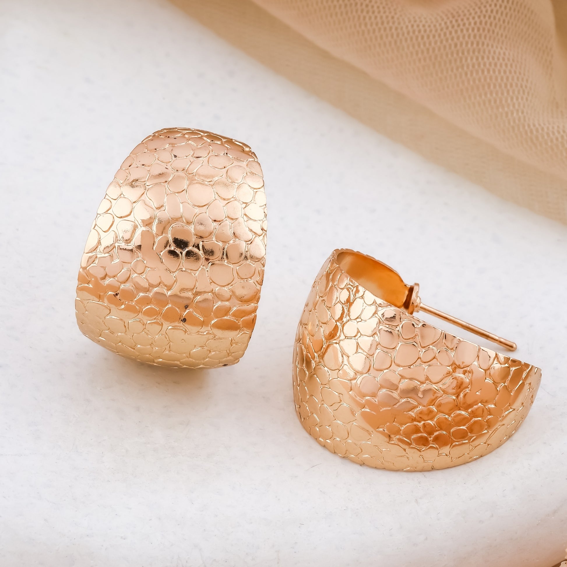 Wide Gold Tone Textured Hoop Earrings