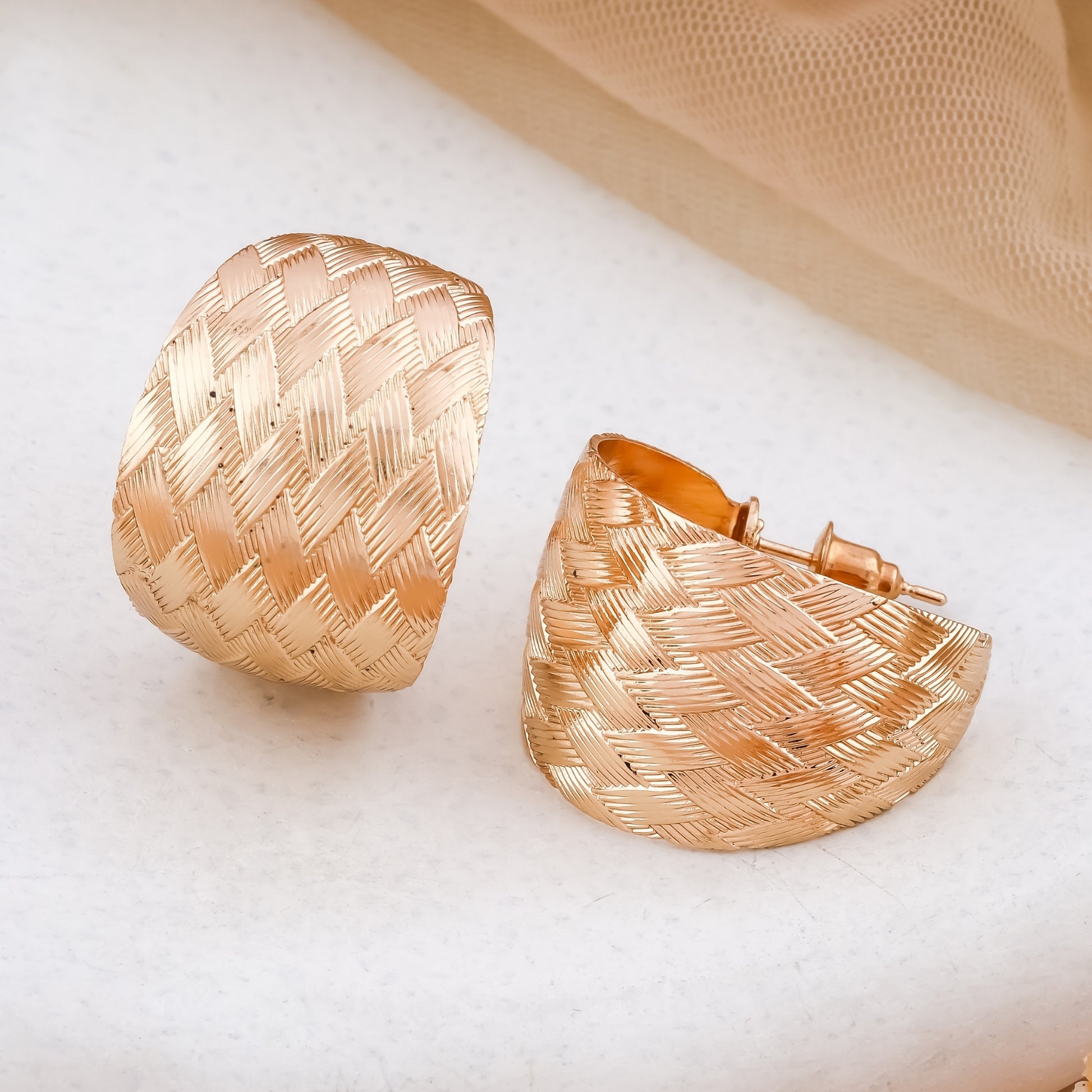 Wide Gold Tone Textured Hoop Earrings