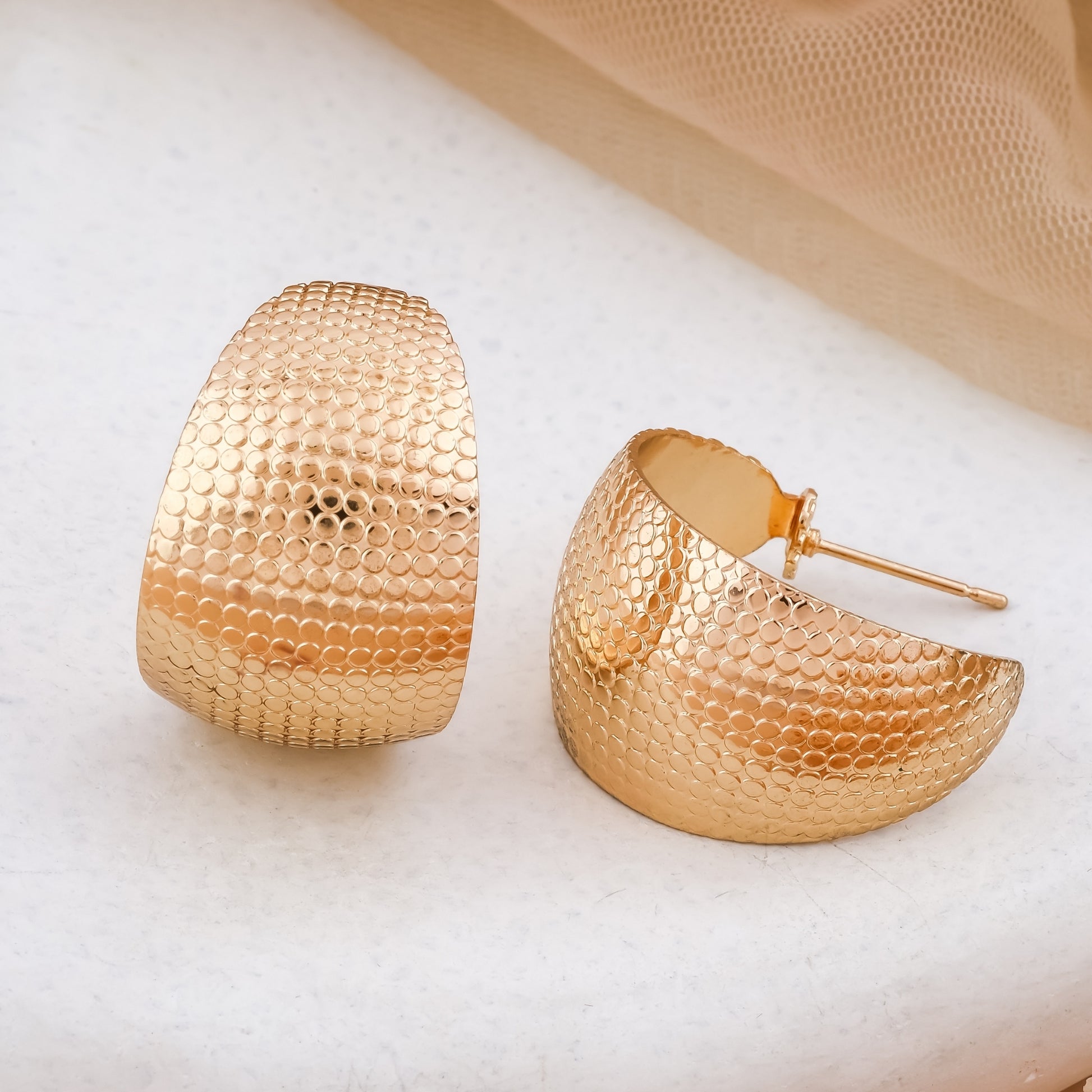 Wide Gold Tone Textured Hoop Earrings