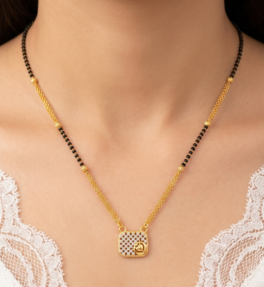 Geometric Lattice Square Mangalsutra with Heart & Leaf Detail