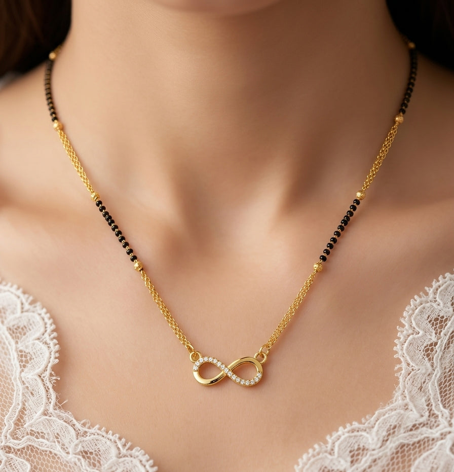 Infinity Charm Gold Plated Mangalsutra Necklace with Black Beads