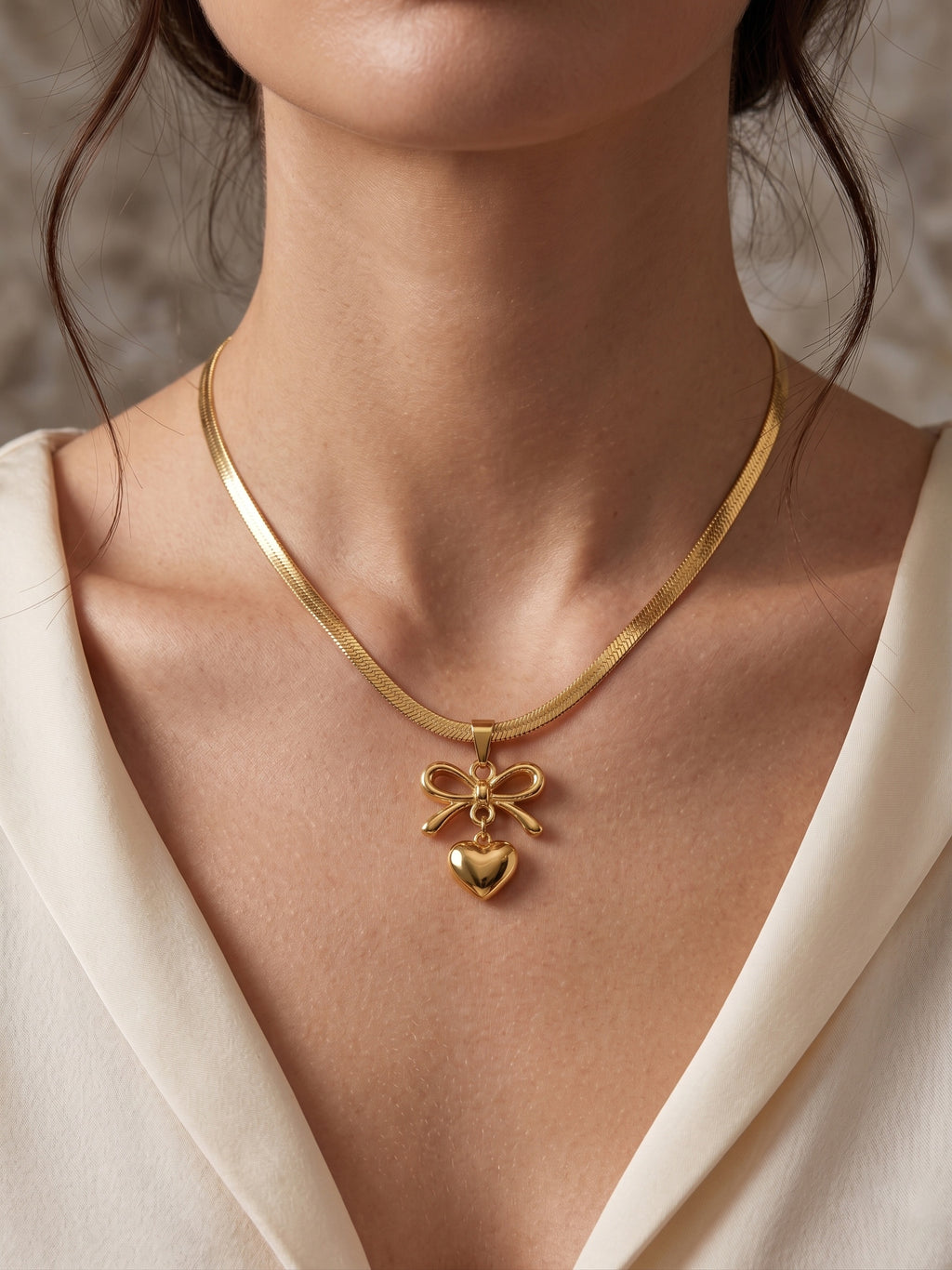 The Juliette Bow & Puffed Heart Herringbone Necklace