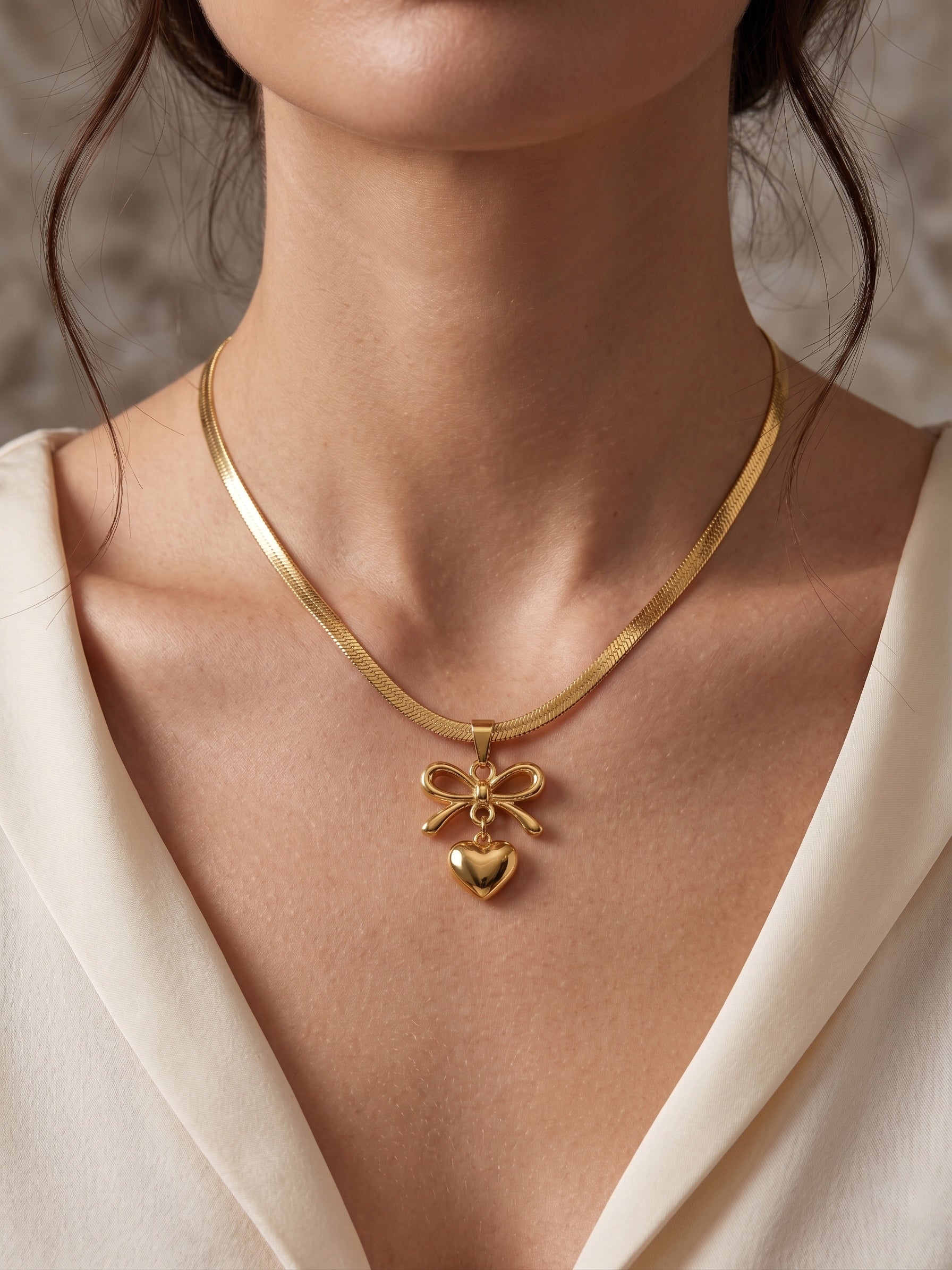 The Juliette Bow & Puffed Heart Herringbone Necklace