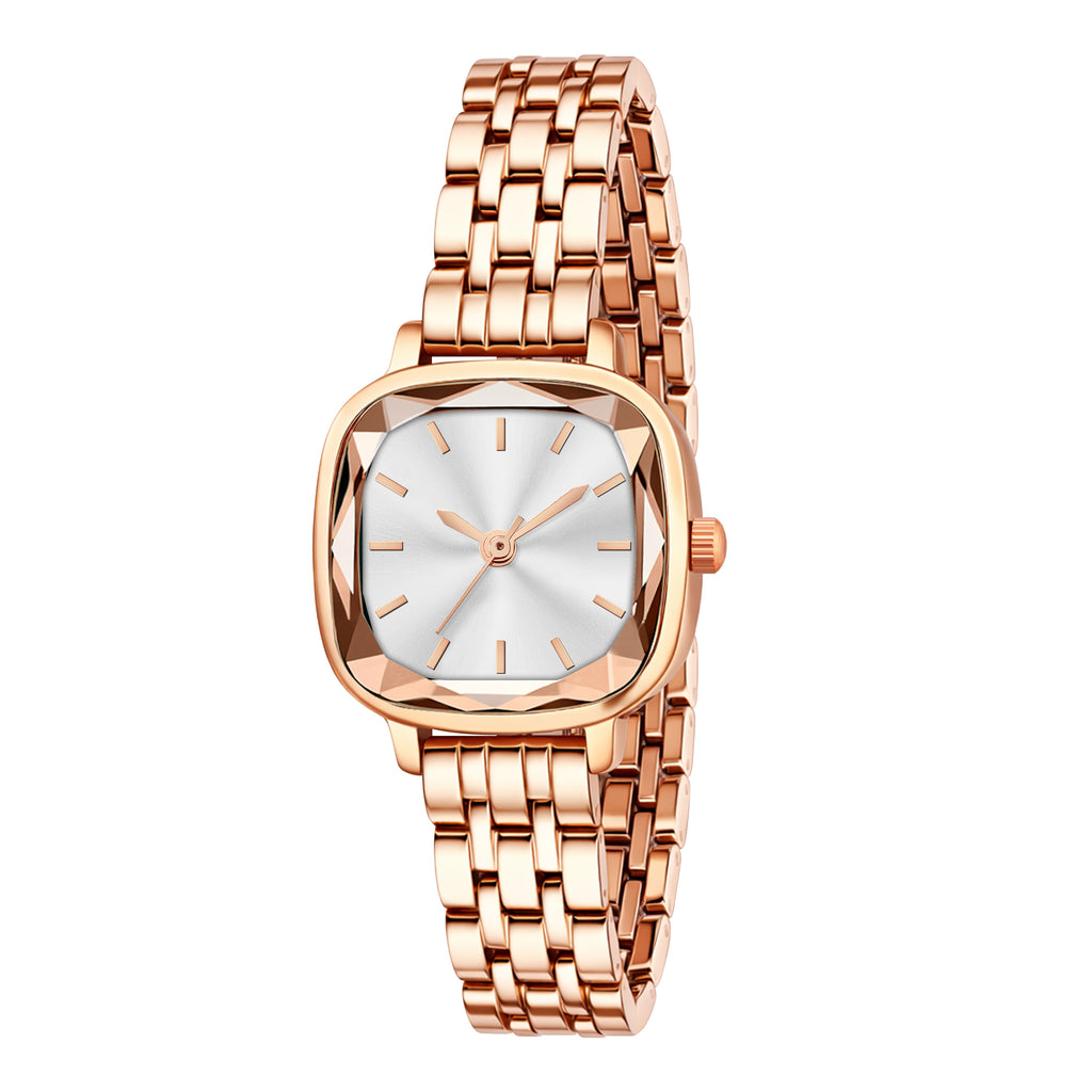 Luxury Rose Gold Square Watch for Women – Premium Diamond-Cut Glass Analog Watch with Silver-White Dial
