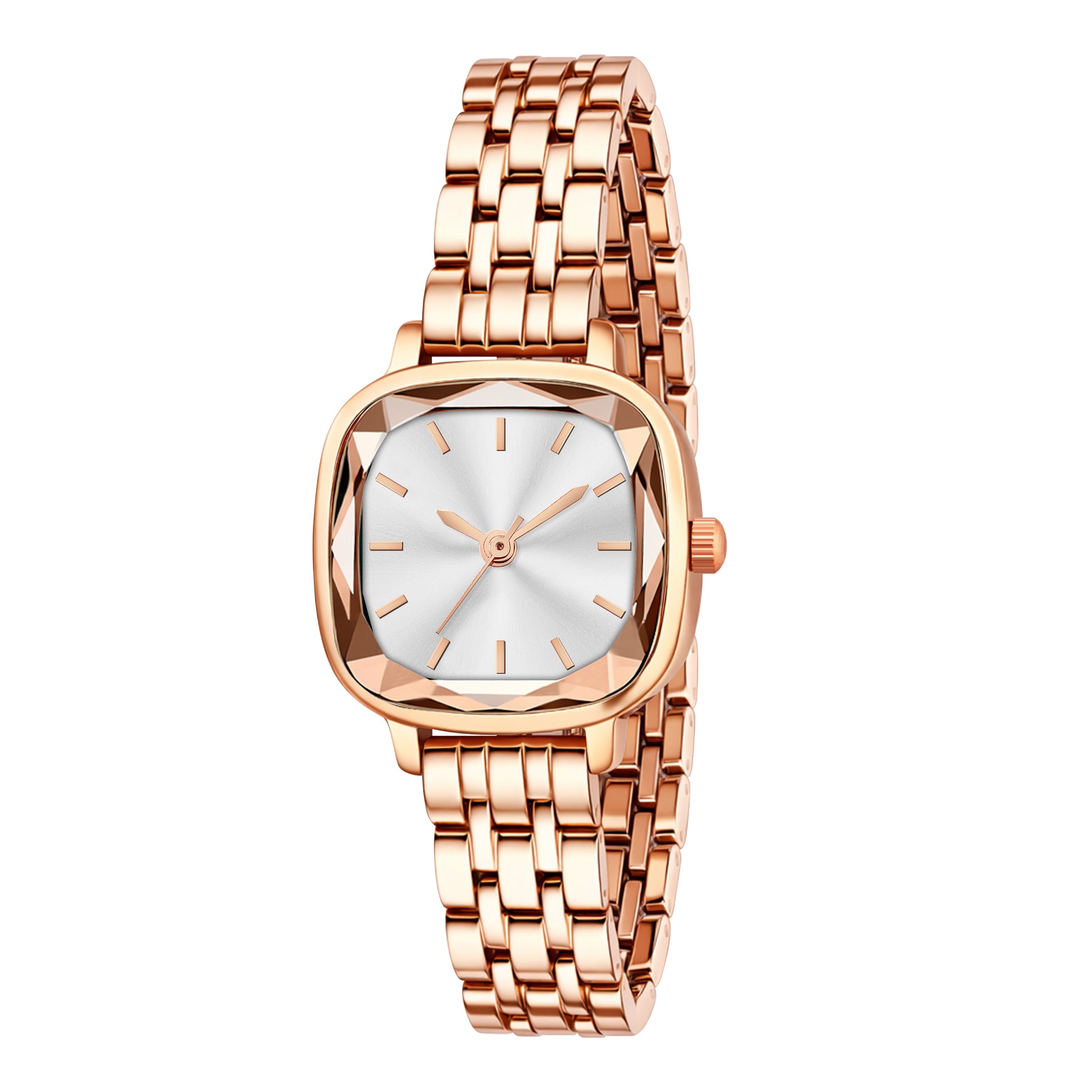 Luxury Rose Gold Square Watch for Women – Premium Diamond-Cut Glass Analog Watch with Silver-White Dial