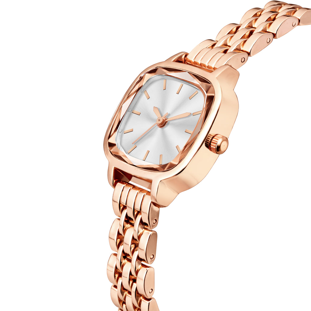 Luxury Rose Gold Square Watch for Women – Premium Diamond-Cut Glass Analog Watch with Silver-White Dial