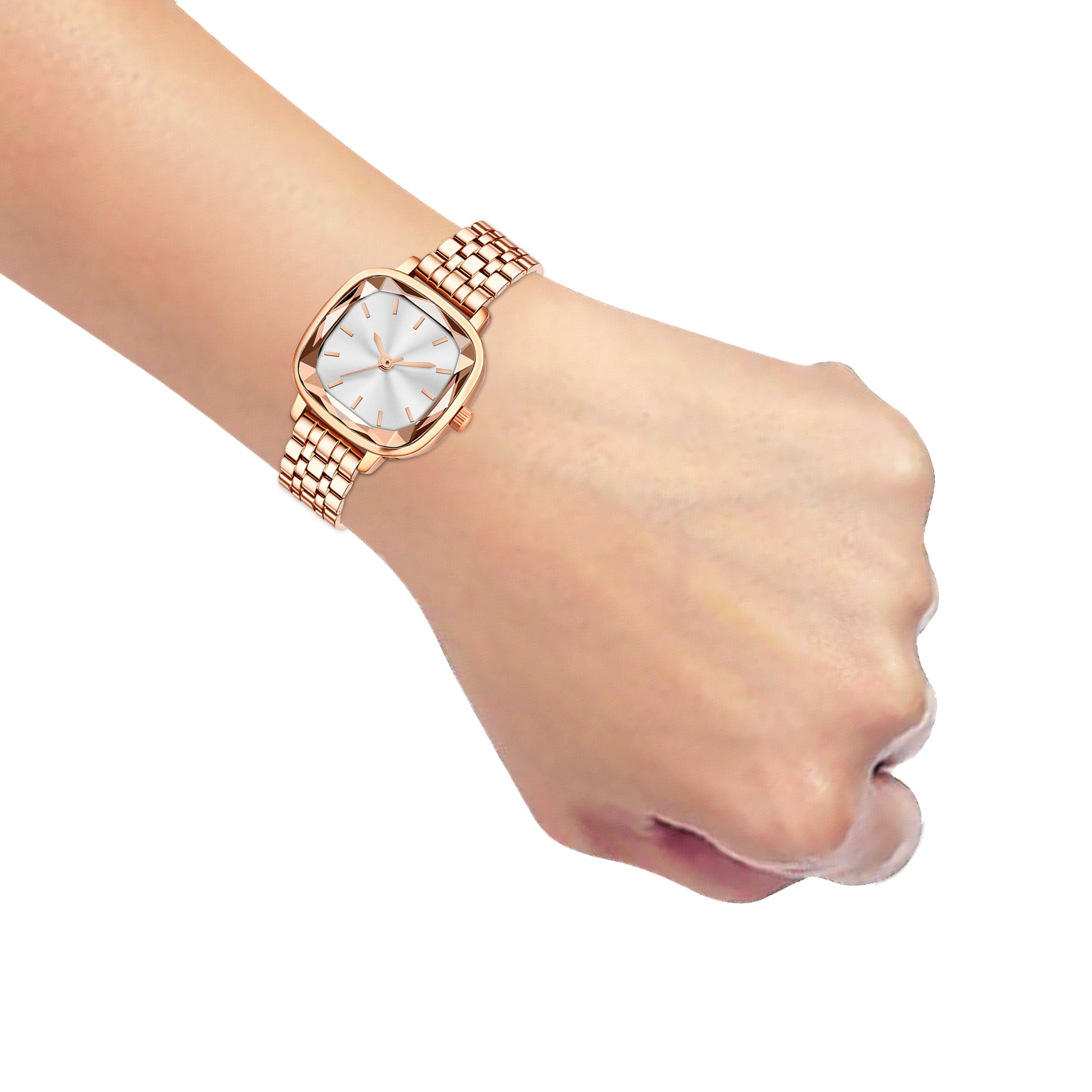 Luxury Rose Gold Square Watch for Women – Premium Diamond-Cut Glass Analog Watch with Silver-White Dial