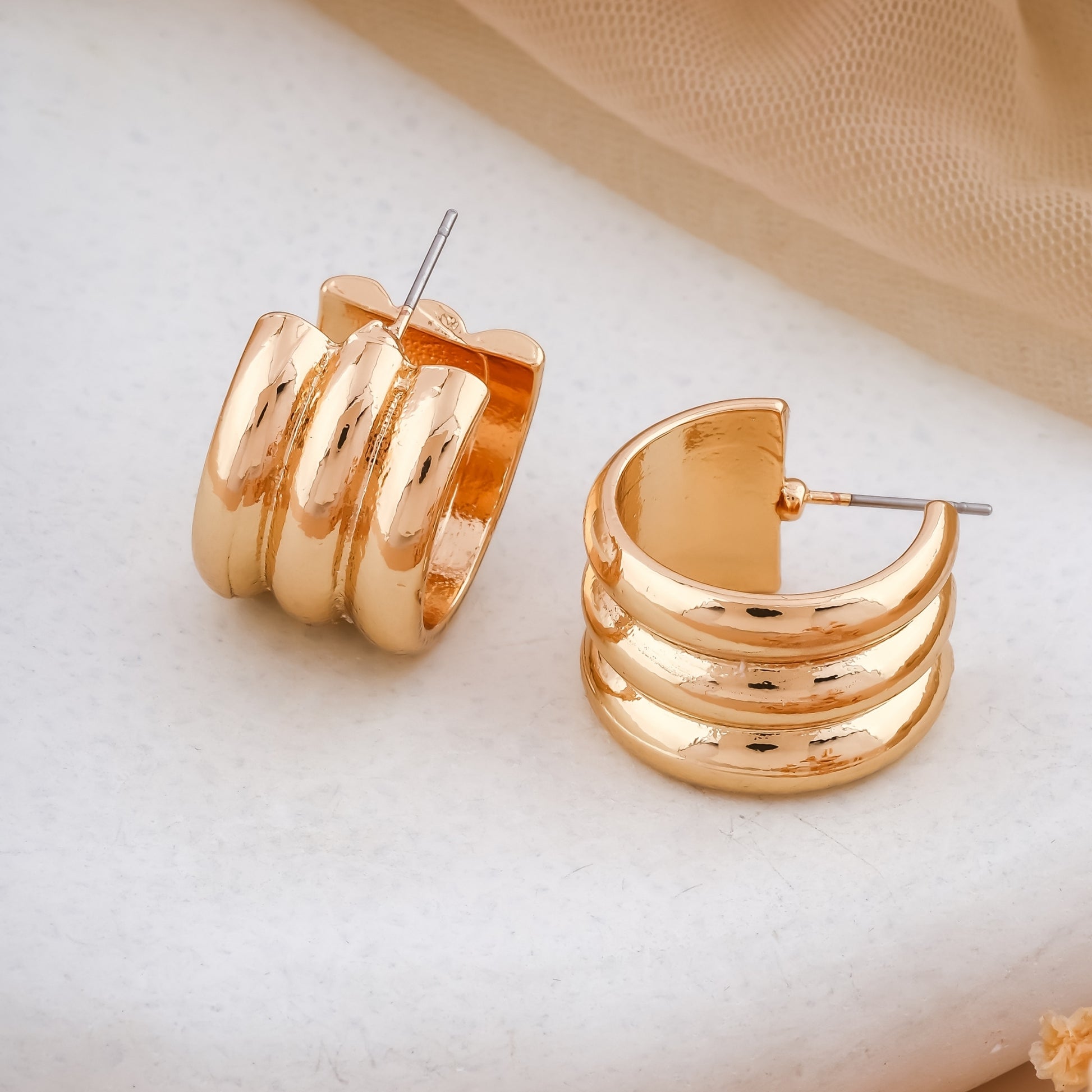 Triple Ridge Gold Hoop Earrings