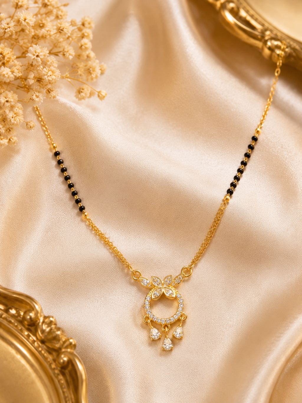 Floral Halo Mangalsutra with Triple Zircon Droplets