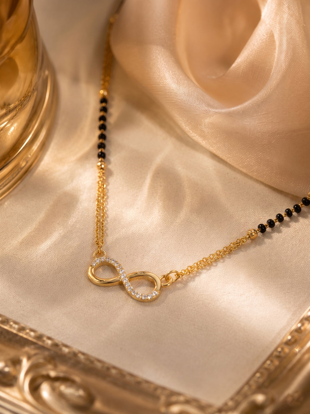 Infinity Charm Gold Plated Mangalsutra Necklace with Black Beads