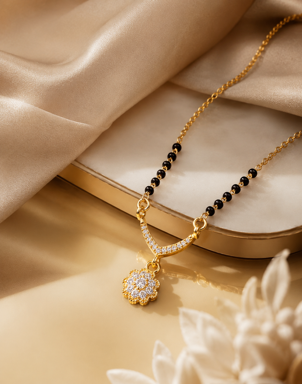 Floral Charm Gold Plated Mangalsutra Necklace with CZ Stones