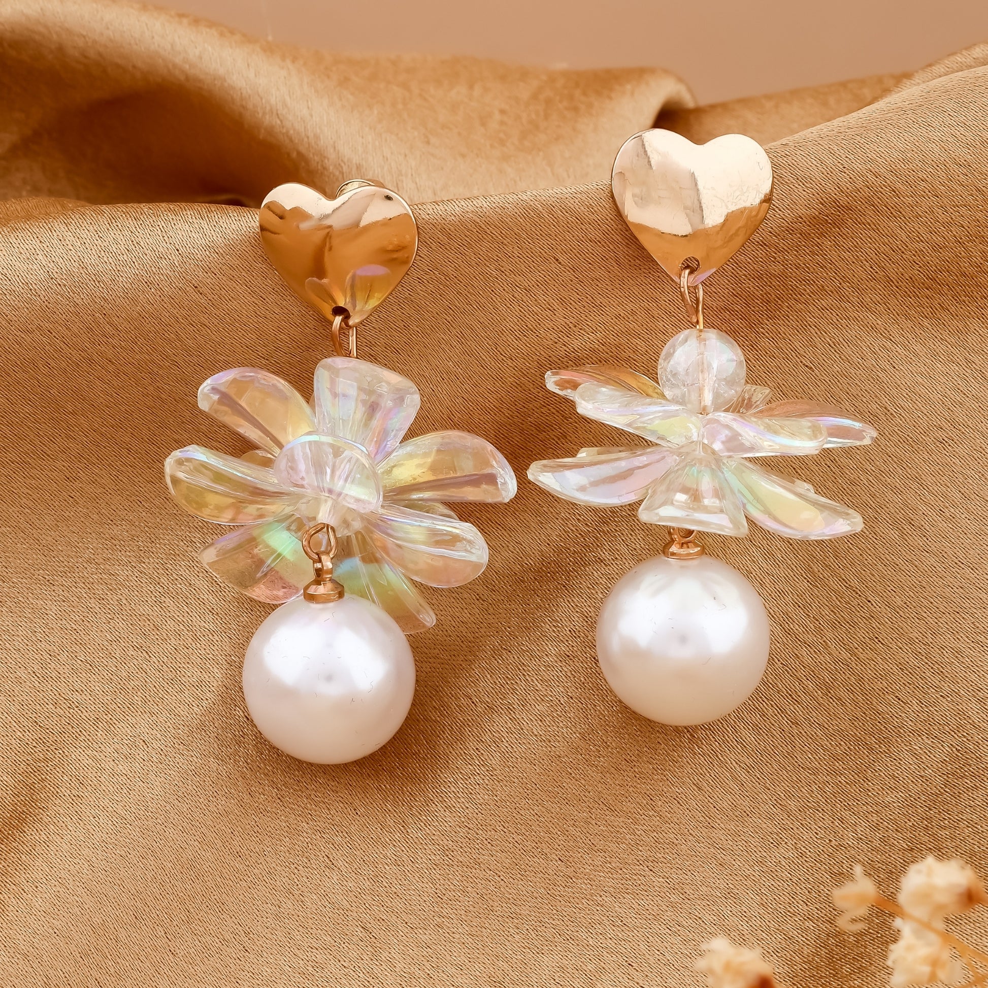 Iridescent Flower Pearl Drop Earrings