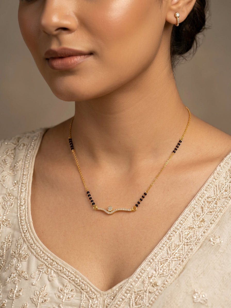 Elegant Gold-Plated Mangalsutra Necklace with Zircon Diamond Pendant