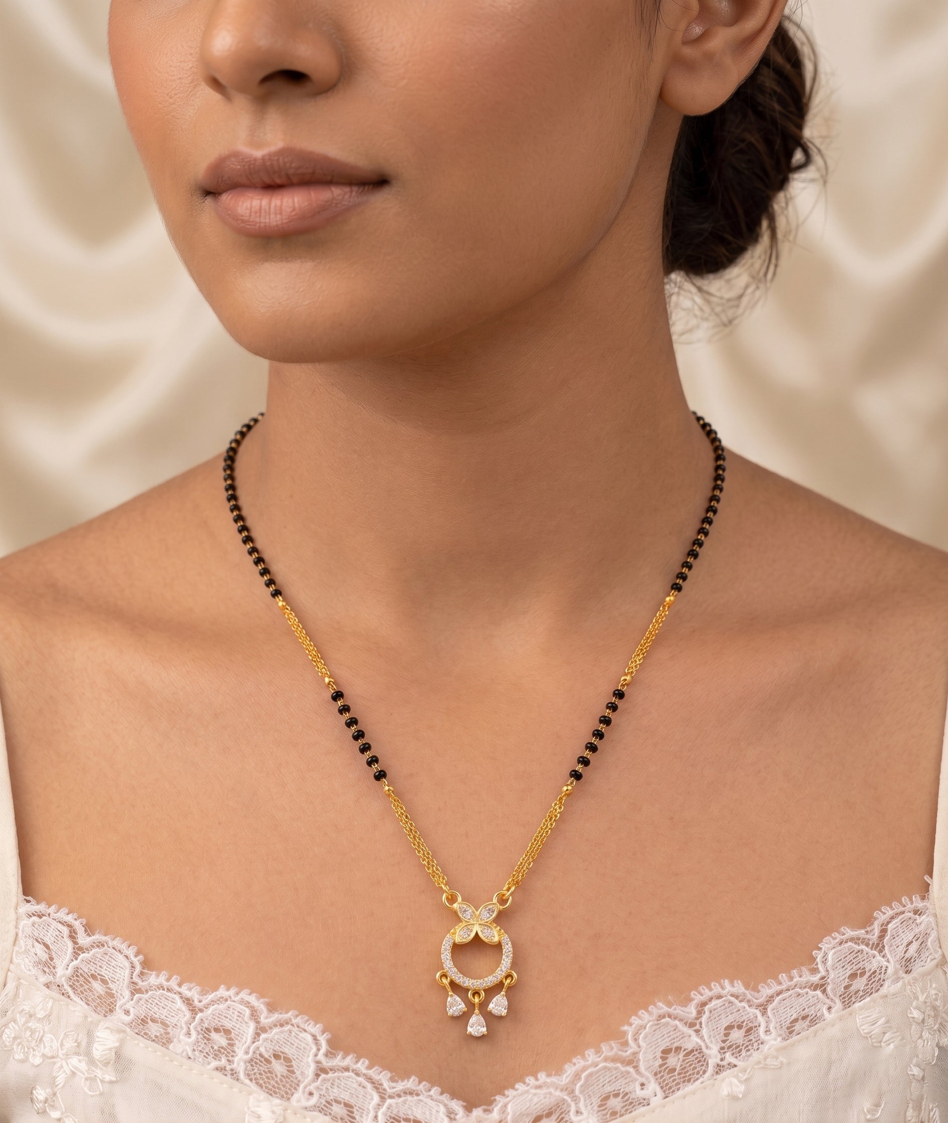 Floral Halo Mangalsutra with Triple Zircon Droplets