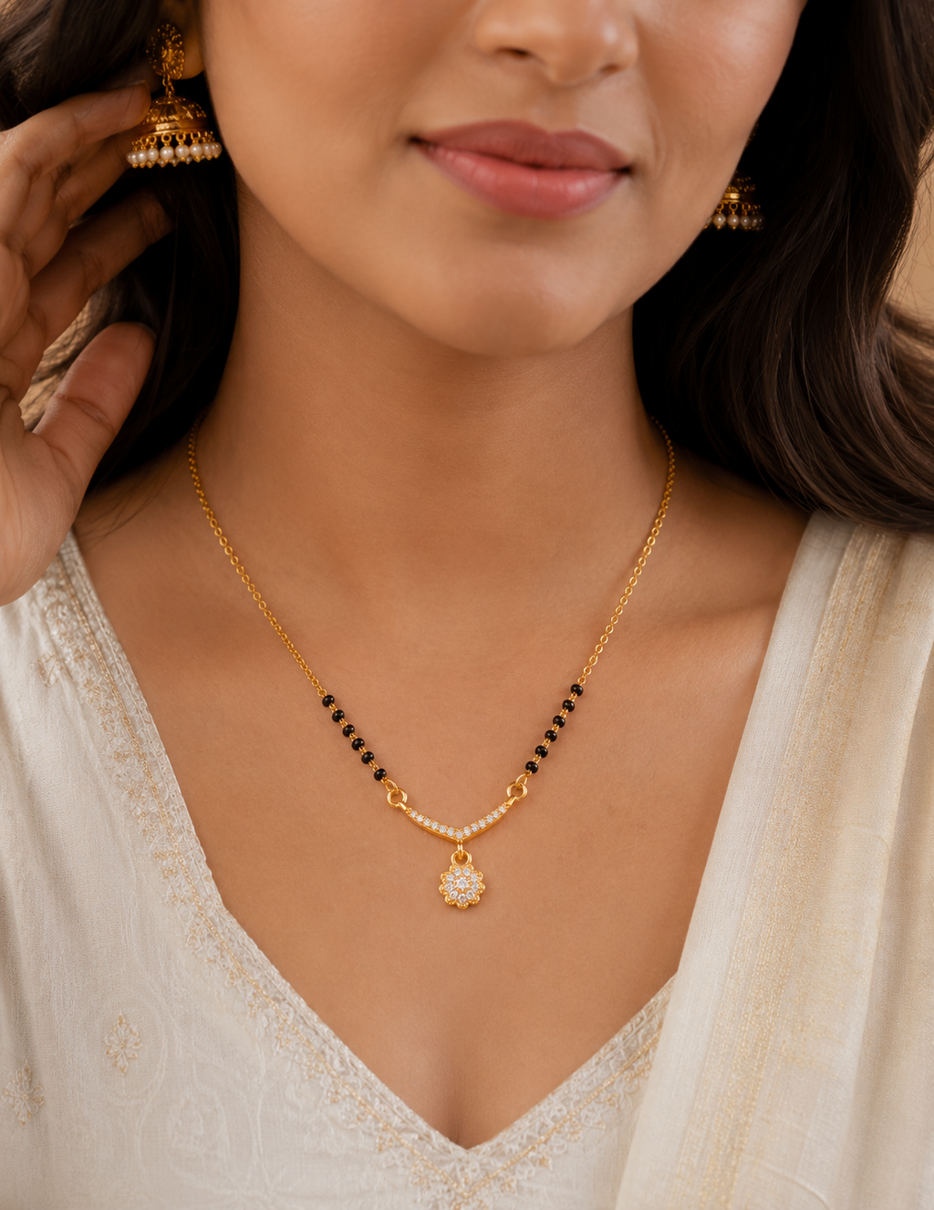 Floral Charm Gold Plated Mangalsutra Necklace with CZ Stones