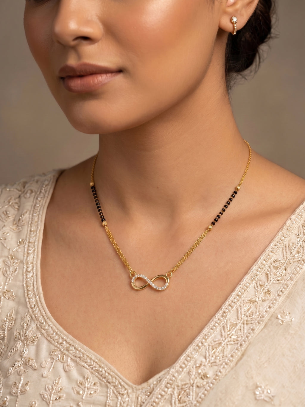 Infinity Charm Gold Plated Mangalsutra Necklace with Black Beads